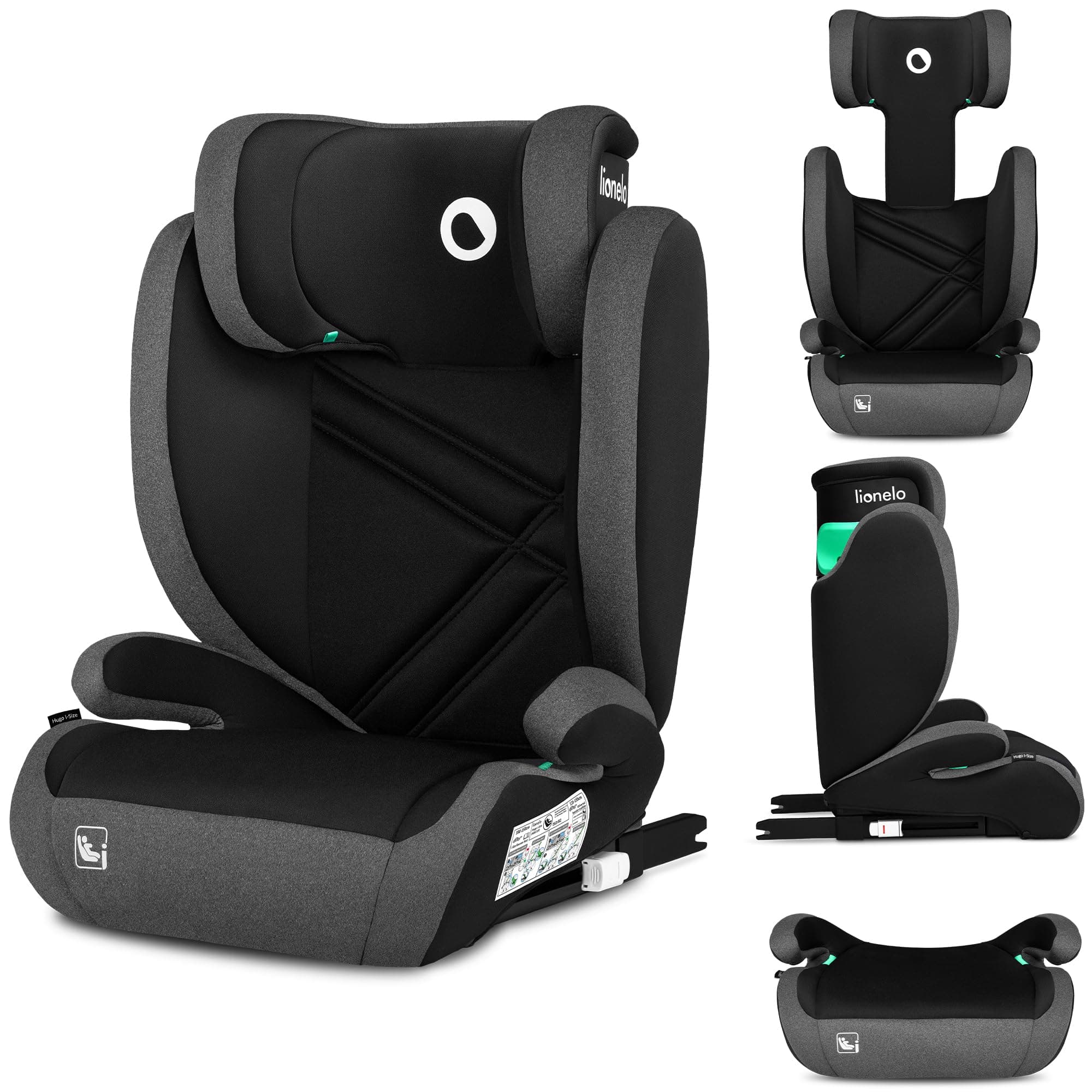 LIONELO HUGO I-SIZE Rehausseur Voiture Enfant Siège Auto Groupe 2 3, de 100 à 150 cm Montage ISOFIX Appui-tête Réglable Memory Foam Protection Latérale Accoudoirs (BLACK GREY)