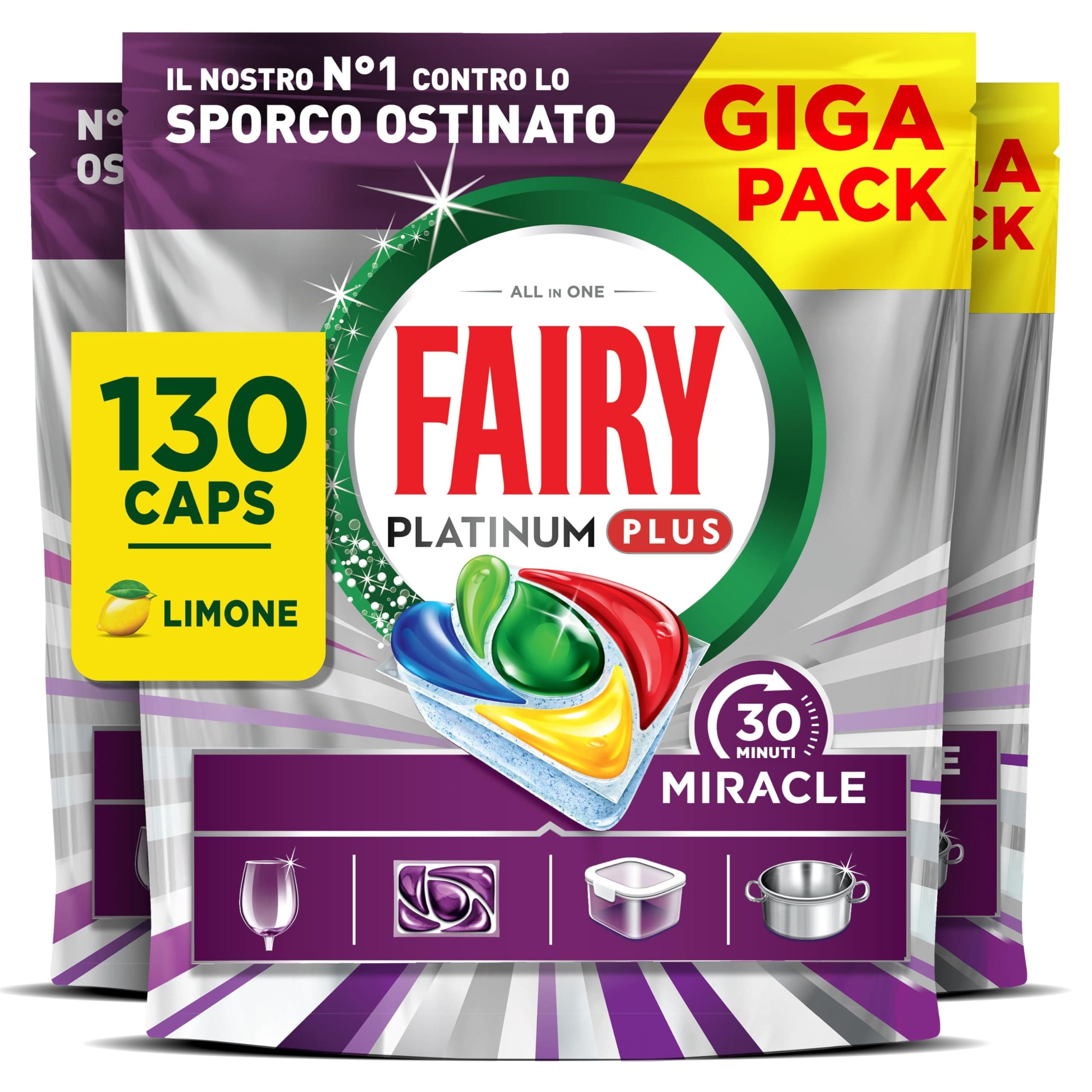 Fairy 30 Minuti Miracle Detersivo Pastiglie Lavastoviglie, 130 Capsule, Limone, Il Nostro N.1 Contro Lo Sporco Ostinato, Potente Anche Nei Cicli Brevi, Mega Pack