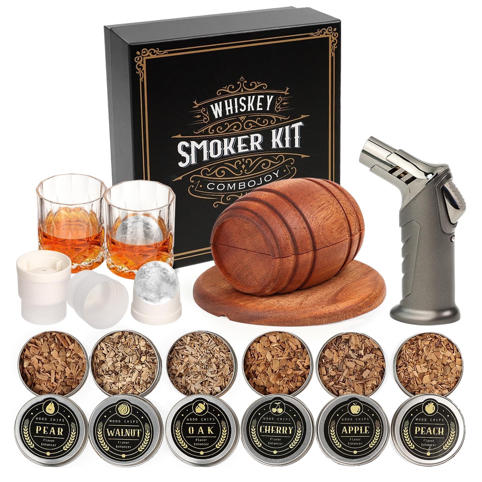 Kit de Fumoir pour Whisky avec Chalumeau - 6 arômes de copeaux de bois, 2 Verres, 2 Moules à Glaçons Sphériques - Kit Fumoir Cocktail, Cadeau homme, anniversaire, fête des pères, Noël (Sans Butane)
