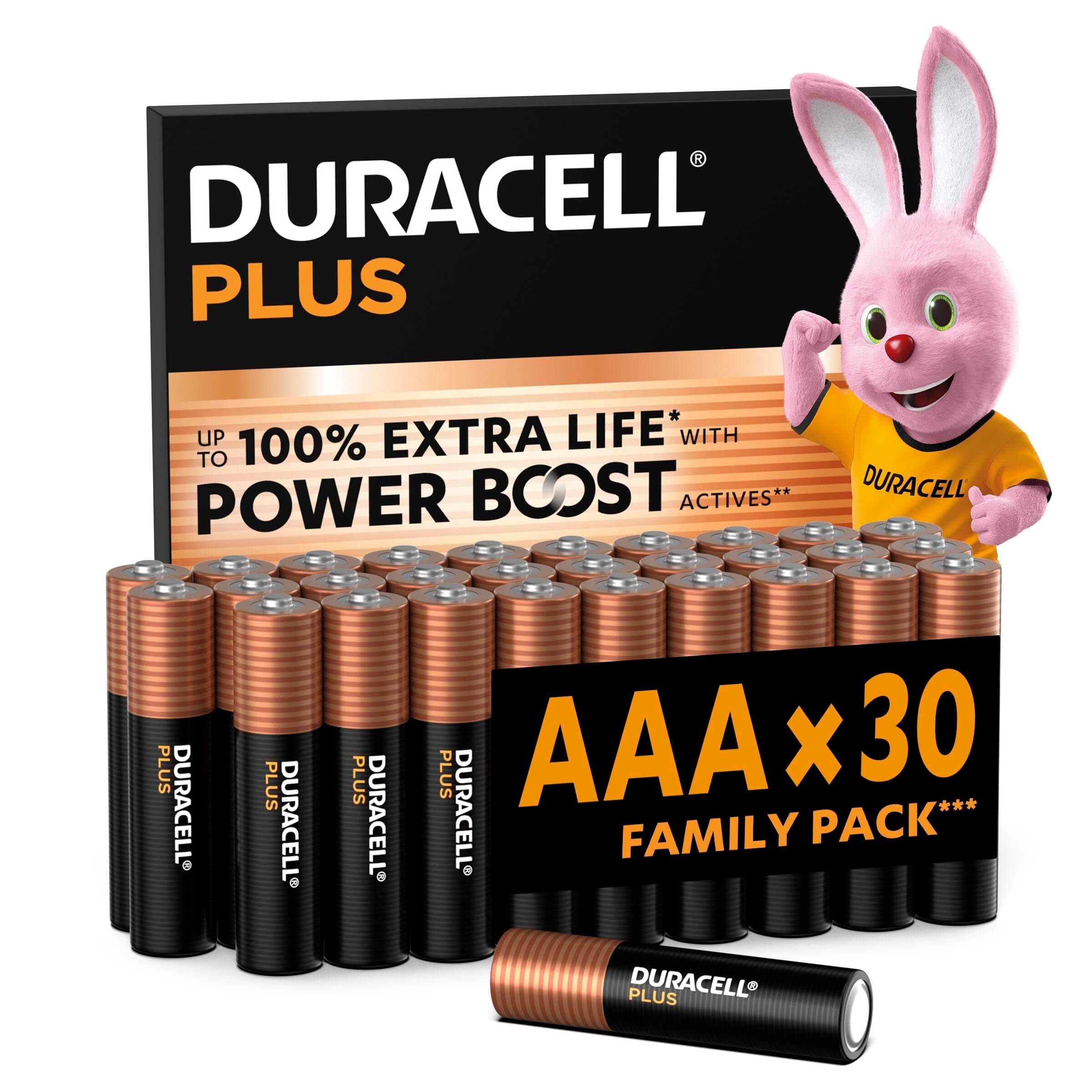 DURACELL Plus Piles AAA (Lot de 30) – Piles Alcalines 1,5 V–Durent Jusqu’à 100% Plus Longtemps grâce aux Actifs Power Boost–Fiable pour Vos Appareils du Quotidien–Emballage 0% Plastique– MN2400
