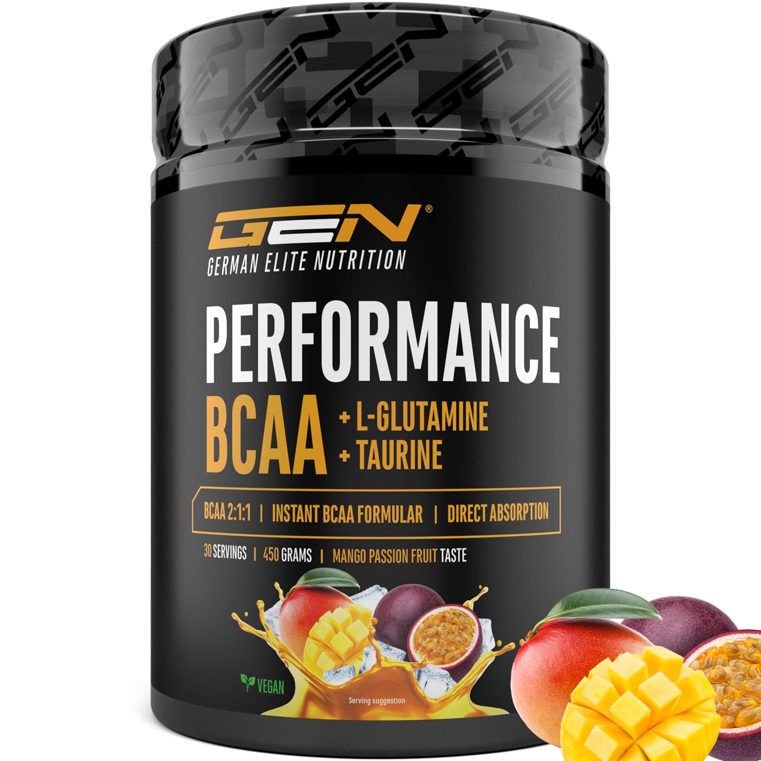 BCAA Performance - 450 g polvo - BCAA instantáneos + L-Glutamina + Taurina - Deliciosos y super solubles - Aminoácidos veganos - Ratio 2:1:1 - (Mango Fruta de la Pasión)