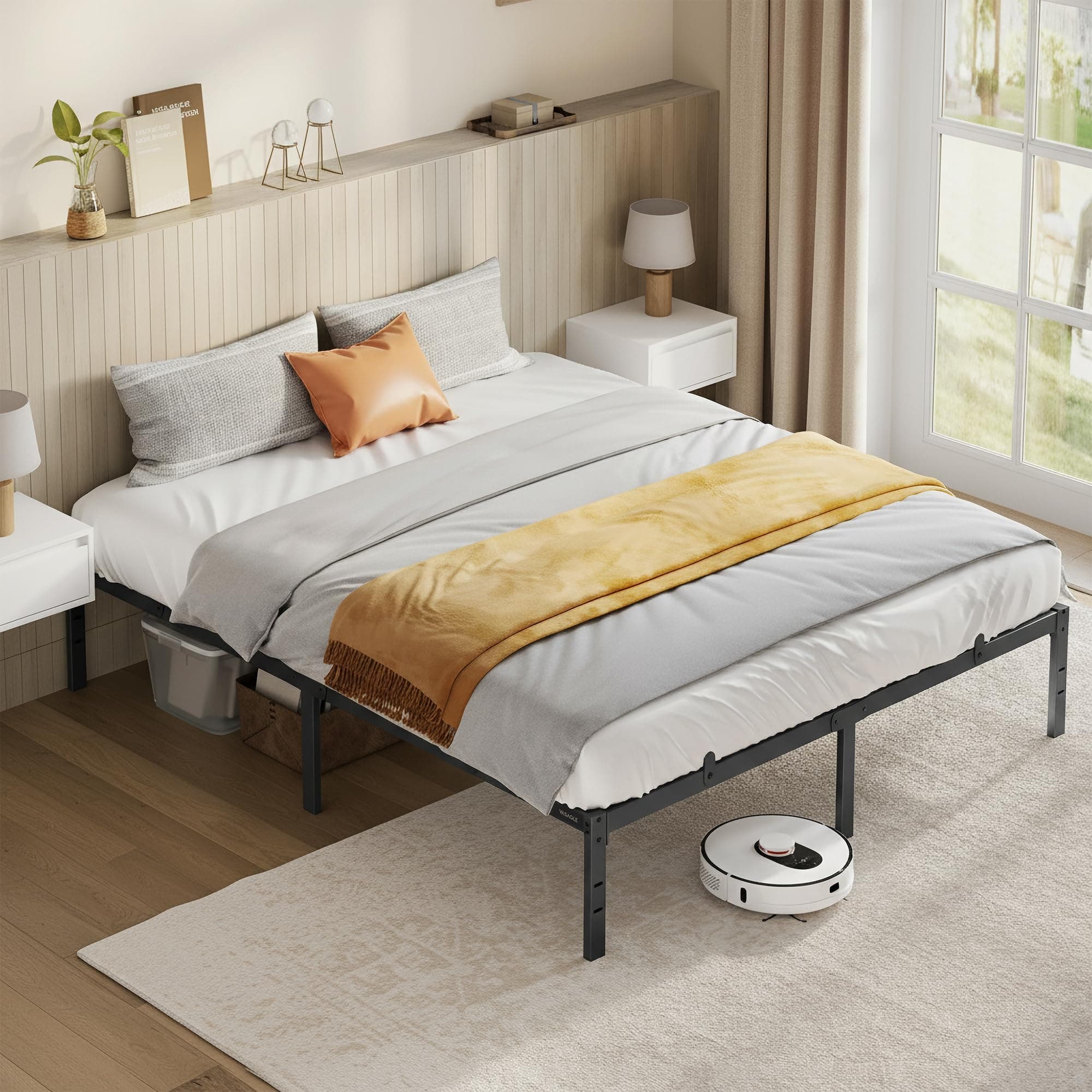 VASAGLE Marco de Cama Doble, para Colchón de 150 x 190 cm, de Metal, Organización del Espacio, Moderno, para Invitados, Fácil Montaje, Negro Tinta RMB138BD01
