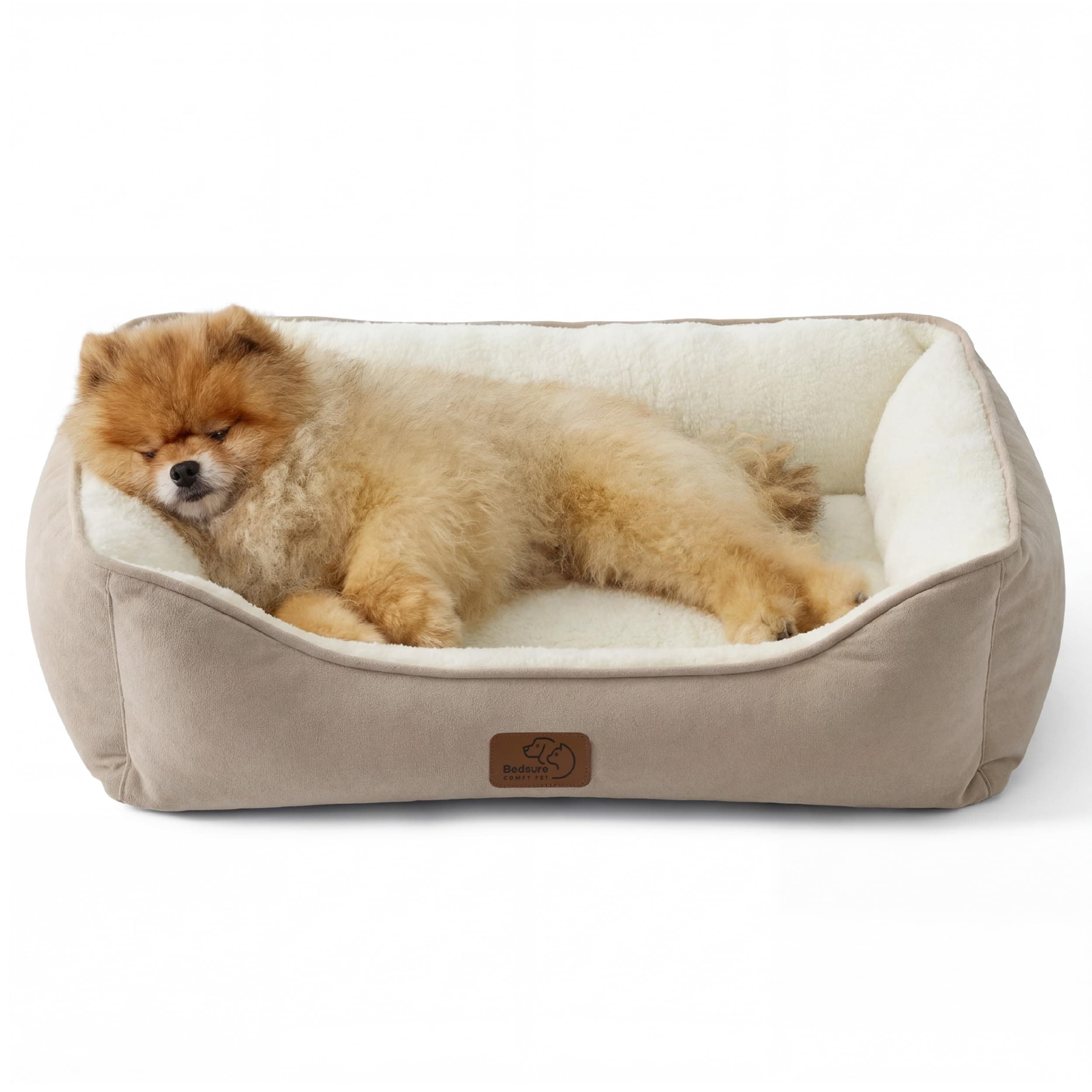 BEDSURE Katzenbett große Katzen waschbar - 63.5x53cm rutschfestes Hundebett kleine Hunde, quadratisches Katzenkorb mit weichem Rand, Kamel