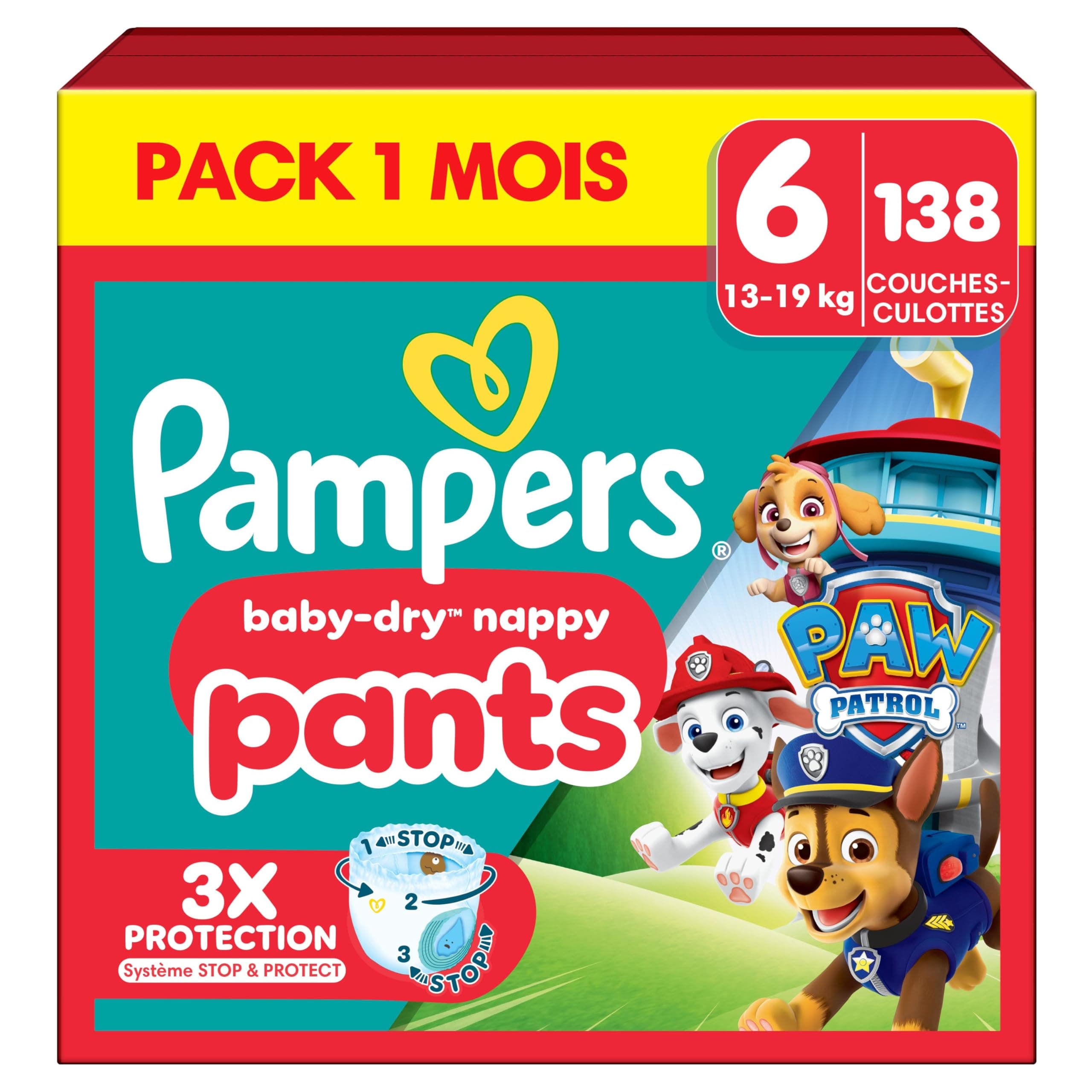 Pampers Baby-Dry Pants, Size 6, 138 Nappies, 13-19 kg, 360° Hold and Stop & Protect Pocket to the Rescue Against Leaks, Limited Edition with Paw Patrol, Pack of 1 Month