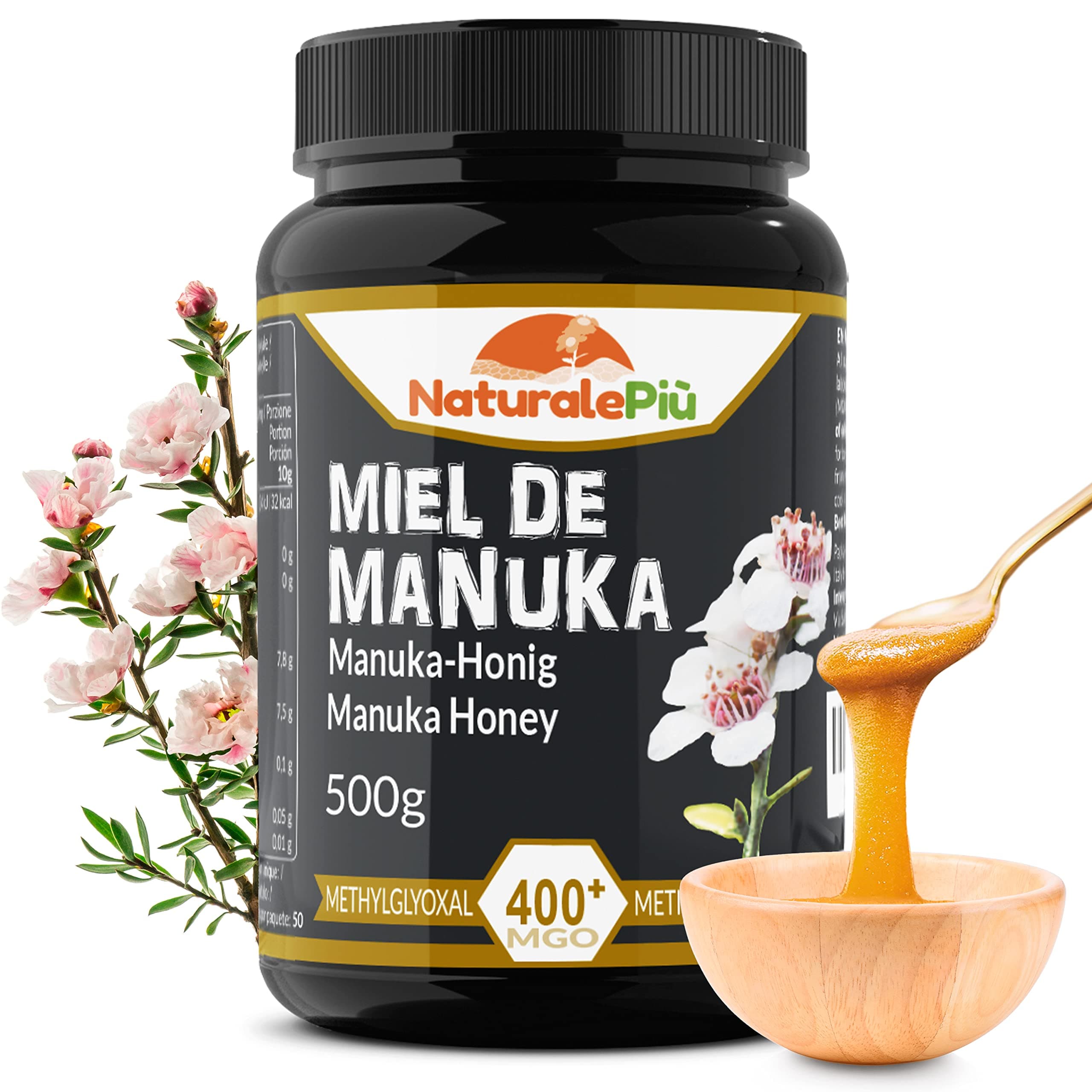 NaturalePiù Miel de Manuka 400+ MGO - 500g Brut et Bio de Nouvelle-Zélande - Miel cicatrisant monofloral - Pour Thé, Smoothies et Pâtisserie - Pur et Actif - Méthylglyoxal Certifié en Laboratoire