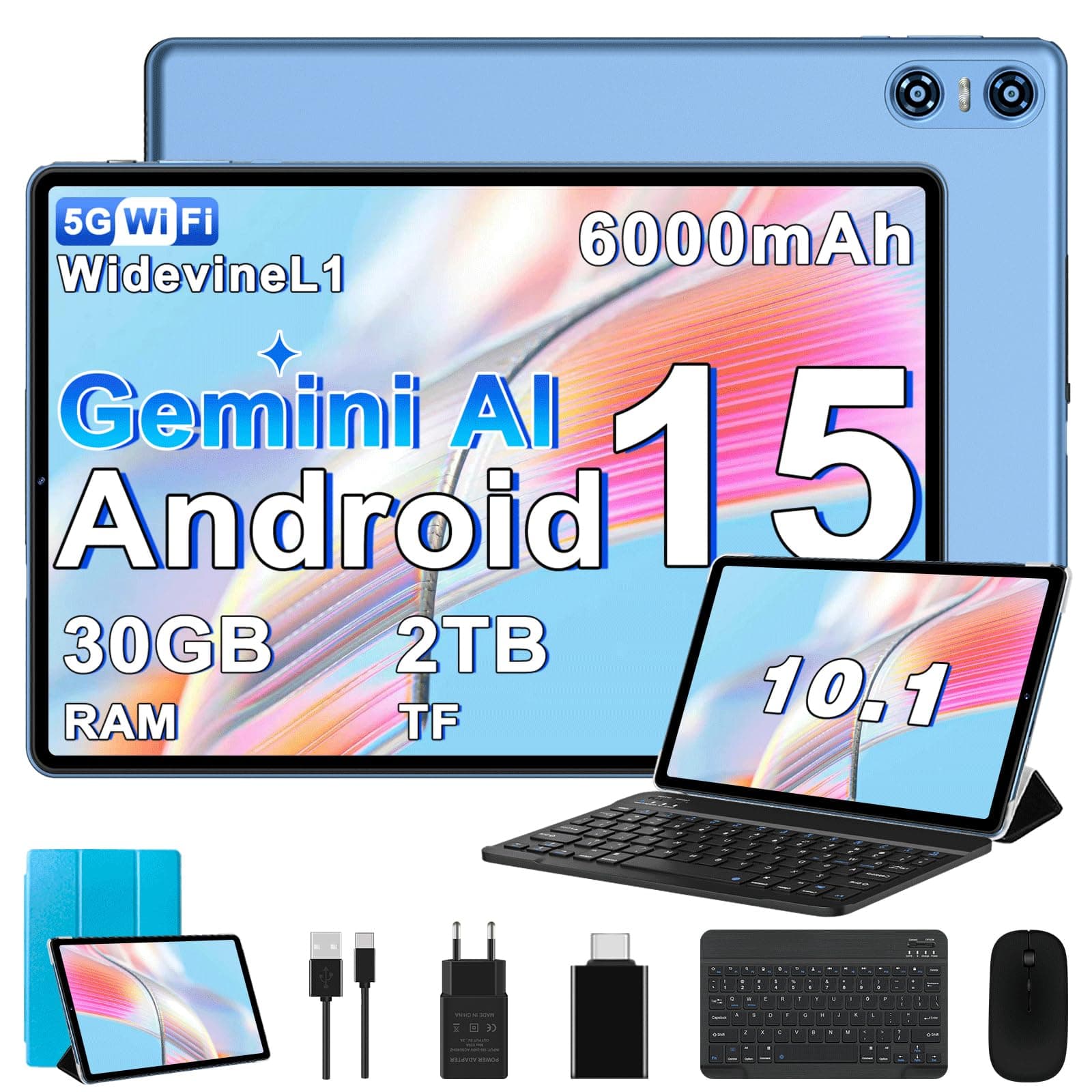 Biegedy 2026 Dernier Tablette 10 Pouces Android 15 avec Gemini AI, 30GO RAM (2TO TF), Octa-Core, 5G WiFi 6, Widevine L1, GMS, GPS, BT 5.0, 6000mAh, 5MP+8MP, Tablette avec Clavier+Souris et Cas - Bleu