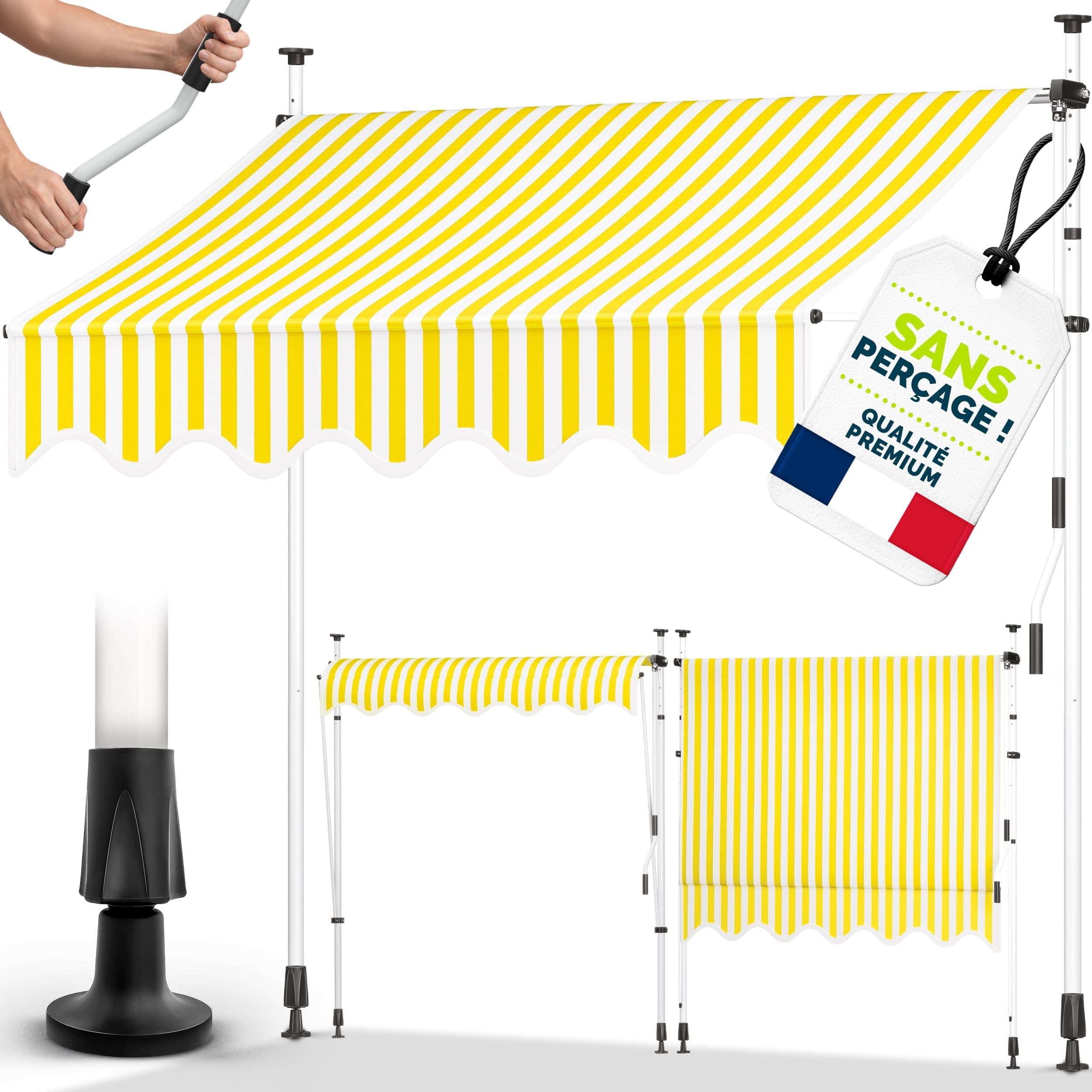 tillvex Store Banne Manuel rétractable avec manivelle pour Le Balcon | Marquise de terrasse sans percement | Marquise Soleil de Balcon auvent téléscopique (Jaune/Blanc, 300cm)