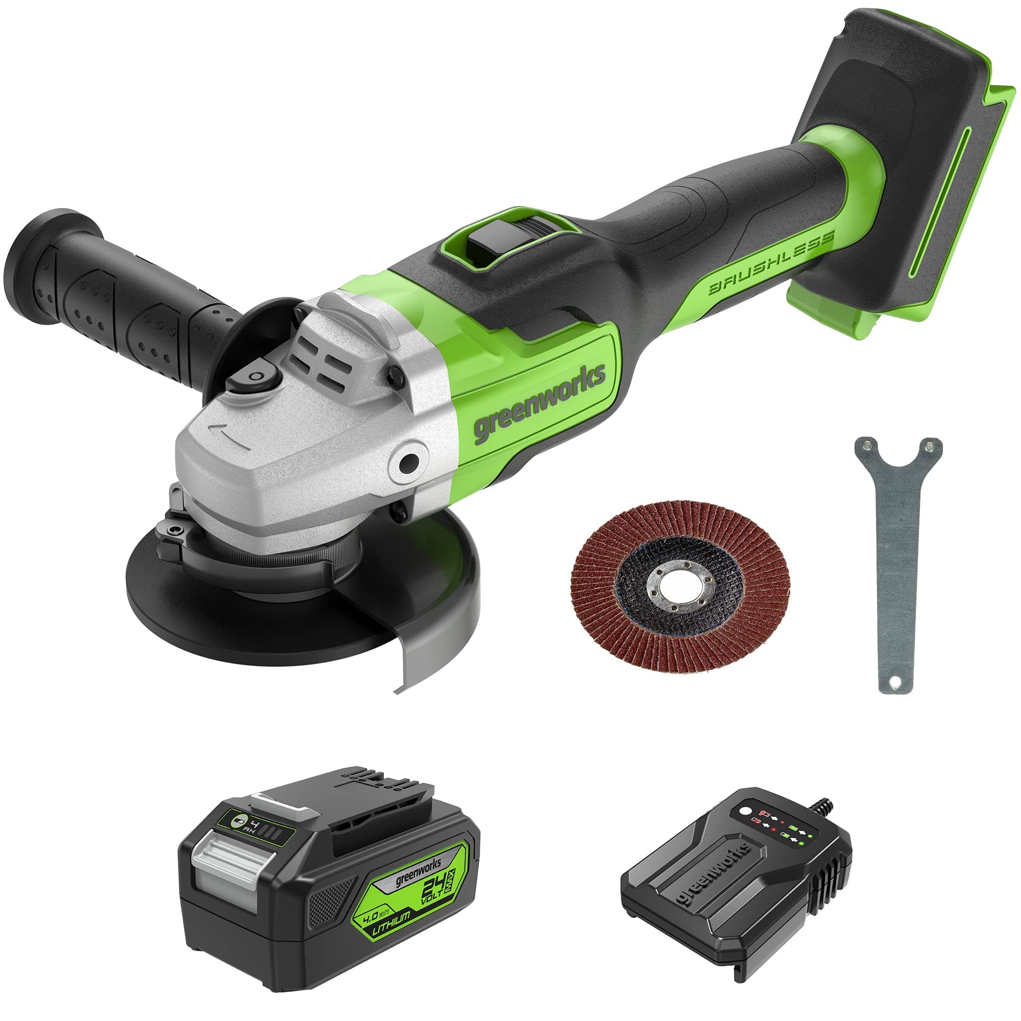 Greenworks GD24AGK4 Smerigliatrice Angolare a Batteria con Disco da Taglio 125mm, 10500 giri/min., per Destrorsi o Mancini, Batteria 24V 4Ah e Caricabatterie, Garanzia 3 Anni