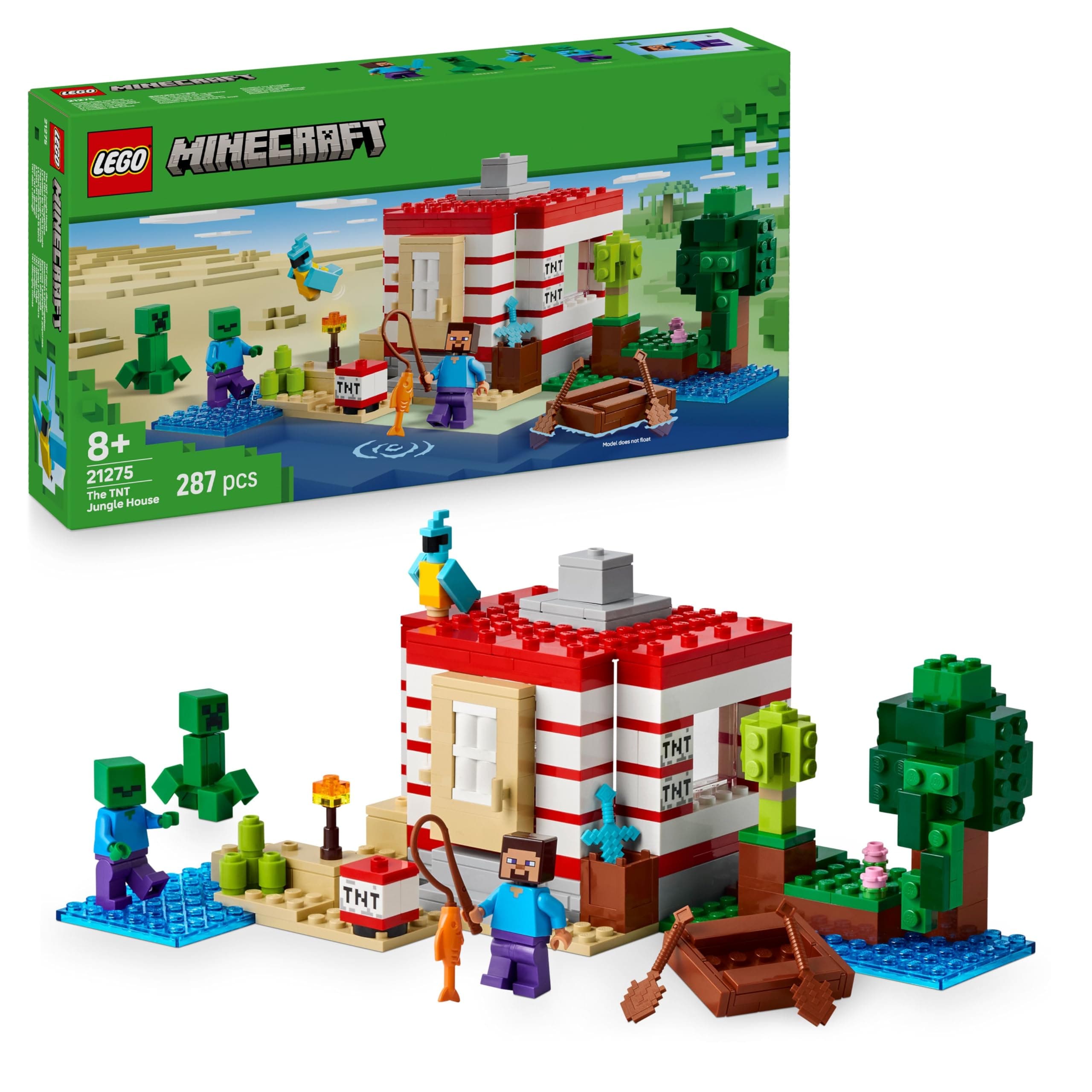 LEGO Minecraft Das TNT-Dschungelhaus - Gamer Spielzeug für Kinder - Interaktives Spielset mit Boot, Steve-, Creeper- und Zombie Minifiguren - Gaming Geschenk für Mädchen & Jungen ab 8 Jahren - 21275