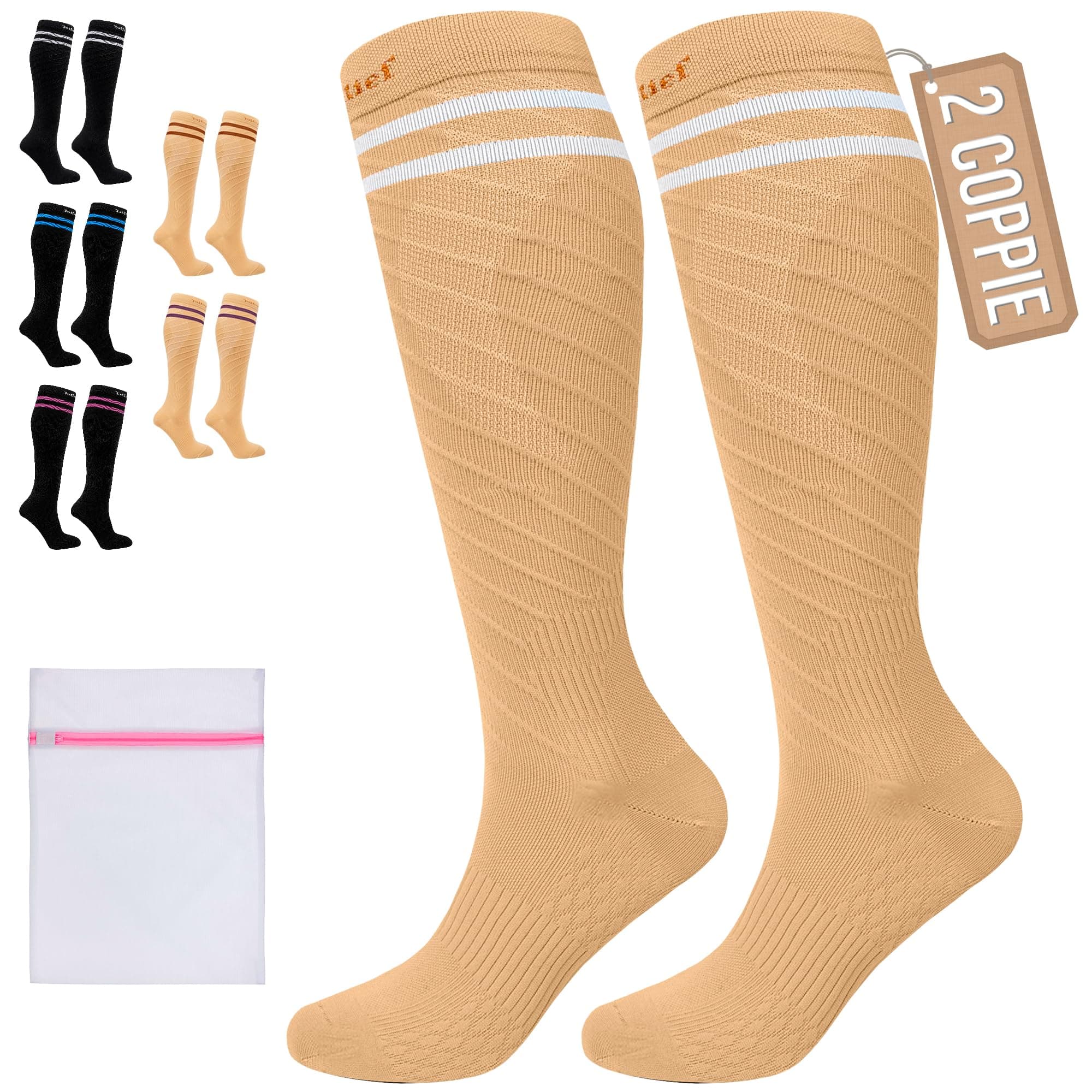 360 Relief Calze Compressione Graduata Classe 1 Donna e Uomo - 15-20 mmHg Gambaletti Compressione per Aereo, Circolazione, Infermiera, Running, Sports - Calzini Compressione S/M Beige