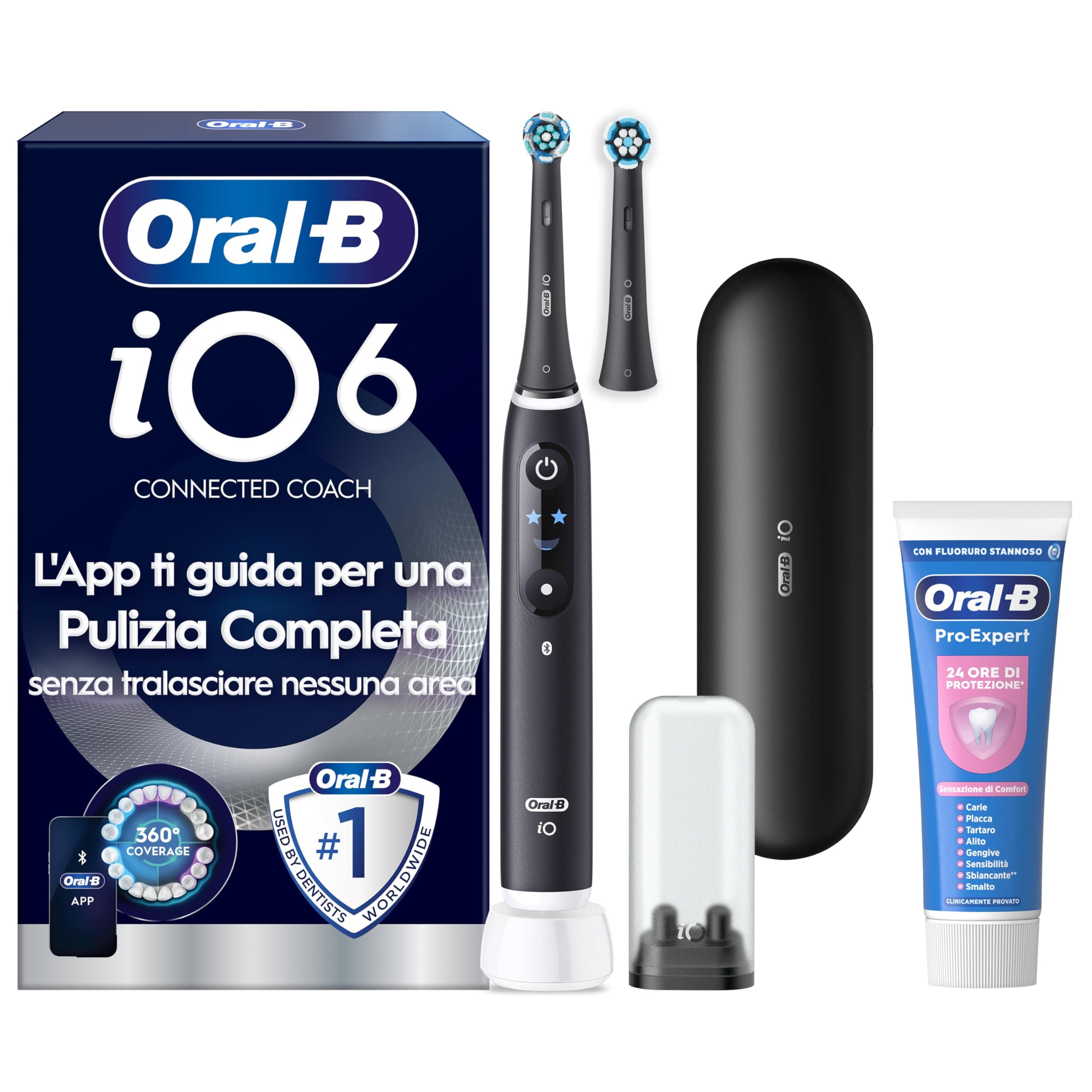 Oral-B Spazzolino Elettrico Ricaricabile iO 6N Nero, 1 Spazzolino Elettrico, 2 Testine Di Ricambio, Custodia Da Viaggio + 1 Dentifricio Oral-B Pro Expert Sensibilità, Pulizia Denti Efficace
