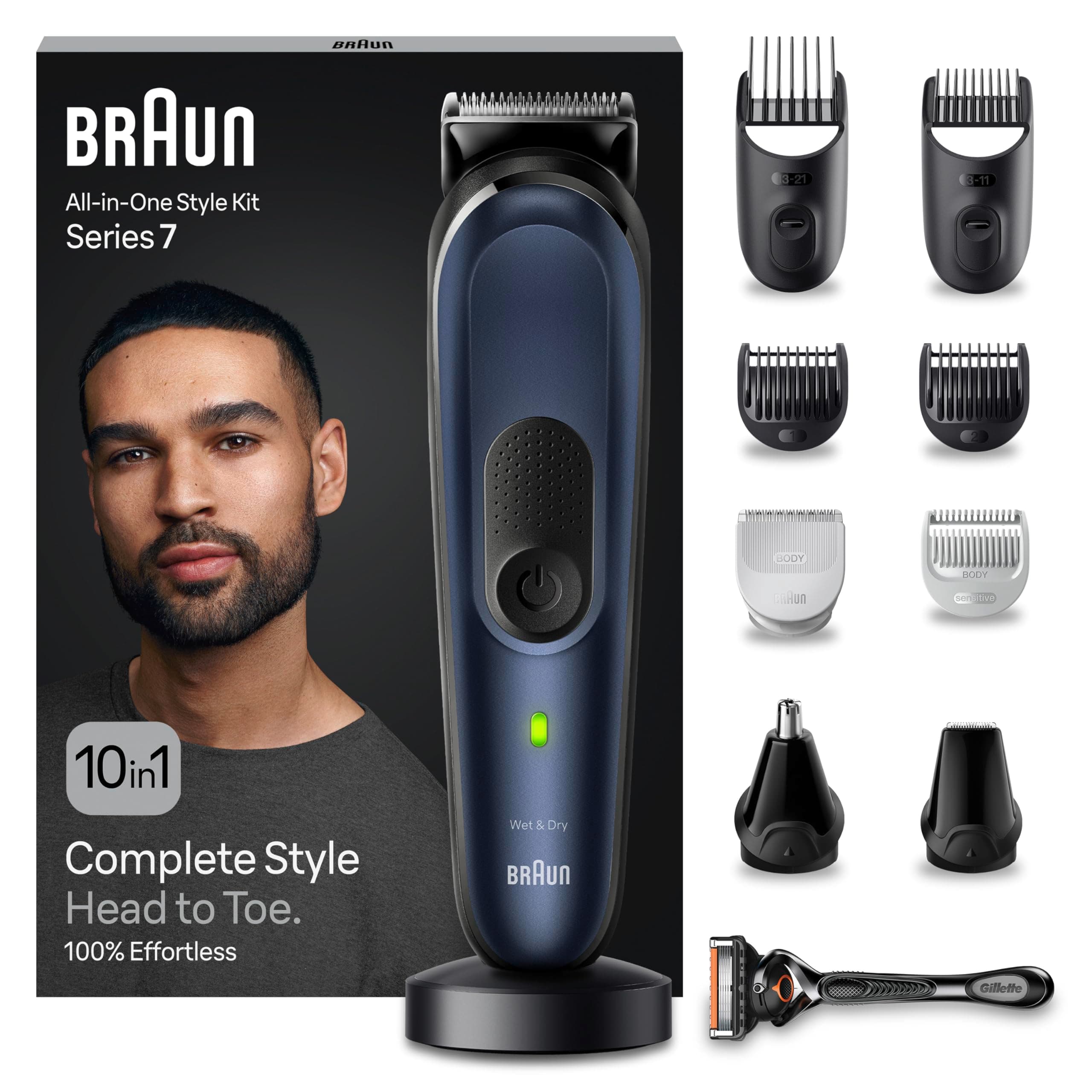 Braun REGOLABARBA STYLING KIT, Tagliacapelli Uomo, Rasoio Elettrico Barba e Capelli, 10-in-1 per Barba, Capelli, Corpo, Naso e Orecchie, 100 Minuti Di Utilizzo, Idea Regalo, MGK7410 Blue