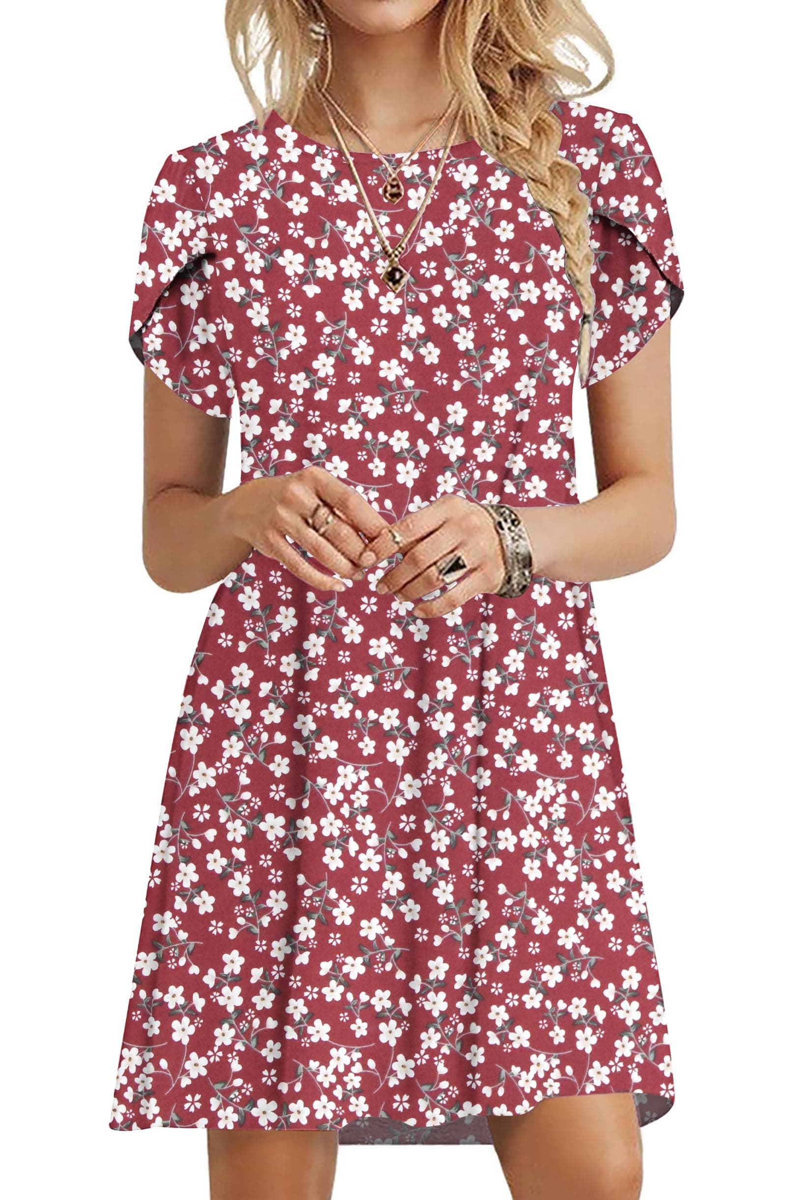 PLOKNRD Robe D'été Femme Manches Pétales T Shirt Robe A-Line Casual Robe col Rond Décontractée Chic et Elegant Robes