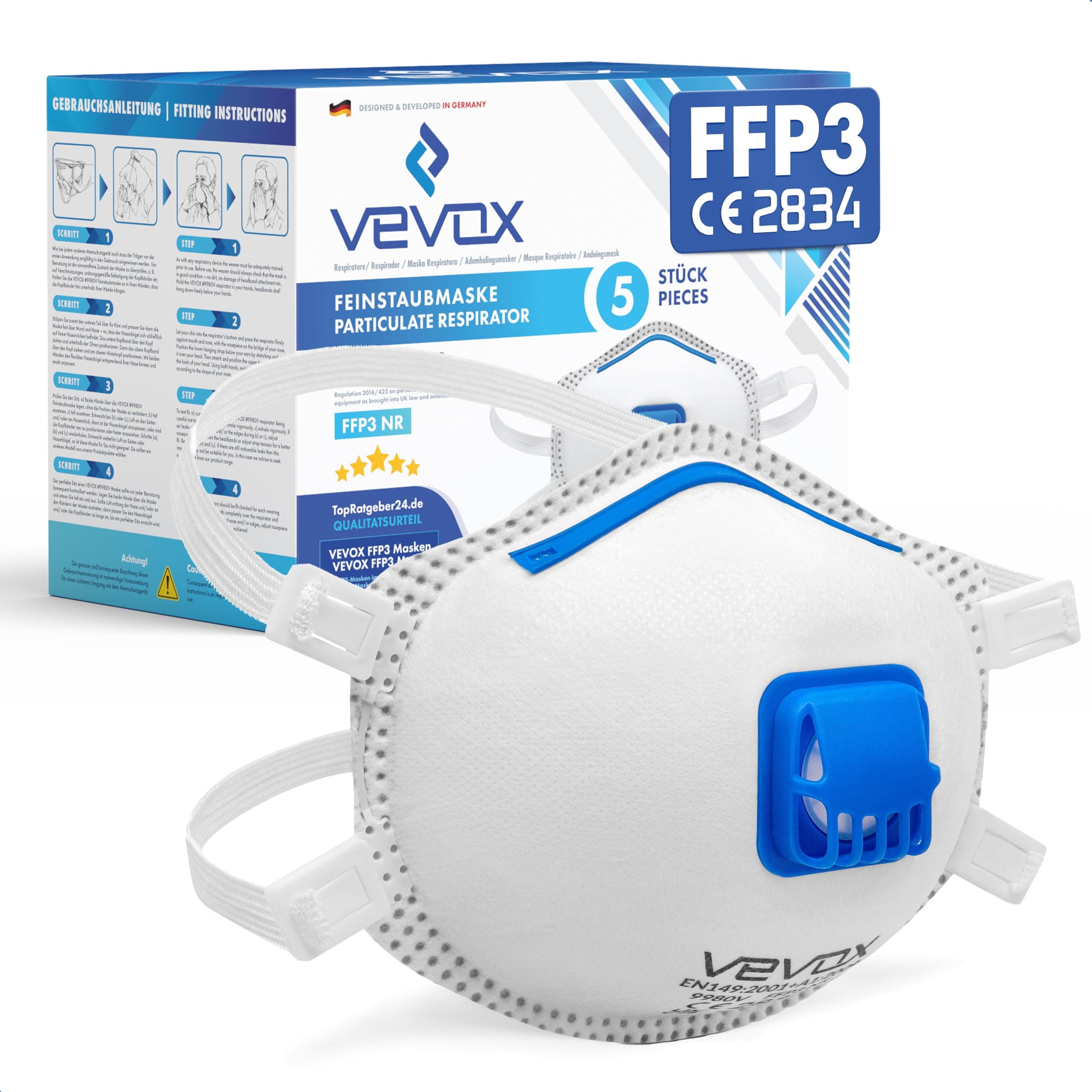 VEVOX® Mascarilla FFP3 – Lote de 5 – Mascarillas antipolvo con válvula para el trabajo, para pintores y para alergia – Protección contra el polvo fino, el moho y el amianto