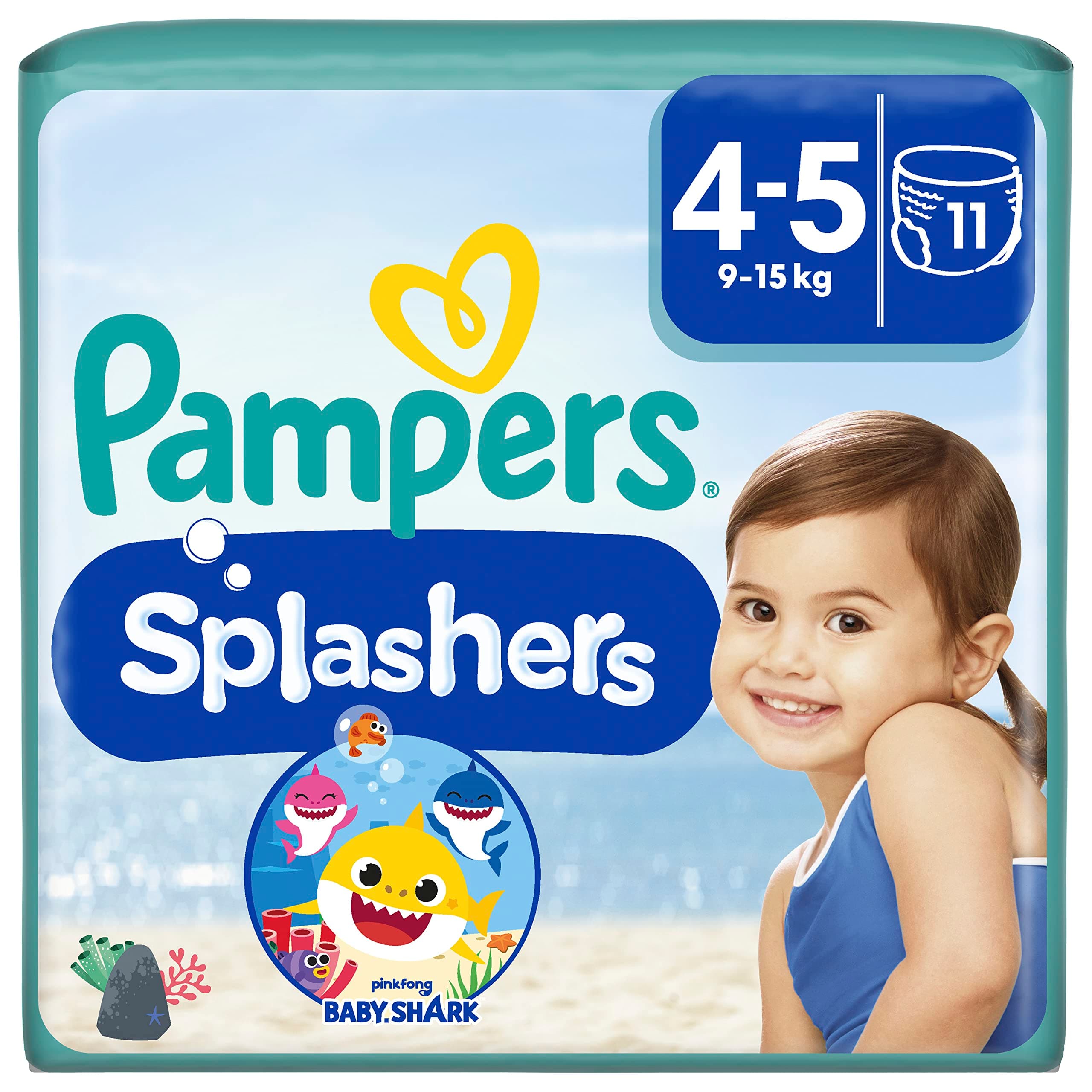 Pampers Splashers Baby Shark Limited Edition 4-5, 11, 9kg-15kg, Einweg-Schwimmwindeln, für sicheren Schutz im Wasser