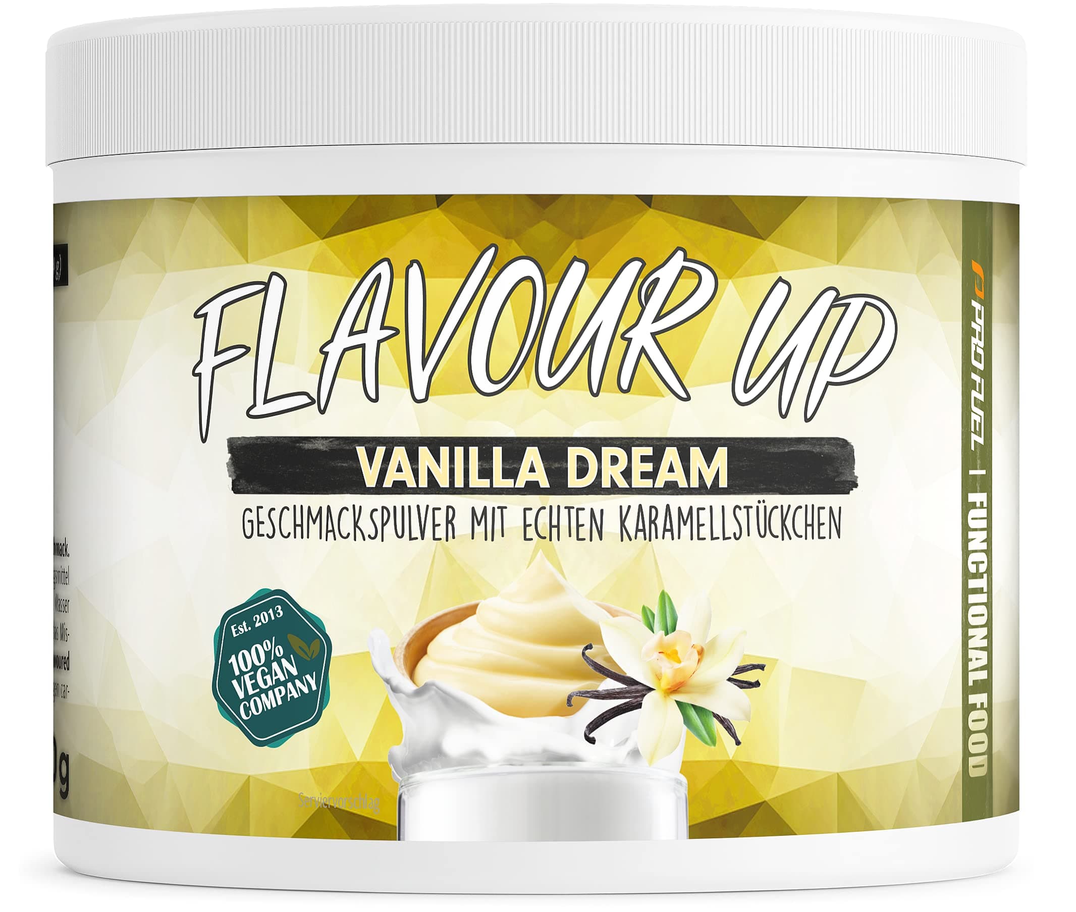 Geschmackspulver VANILLE 250g - Leckerer Geschmack und Süße - nur 11 kcal pro Portion - Vielseitig einsetzbar für Lebensmittel & Getränke - Flavour Powder - FLAVOUR UP