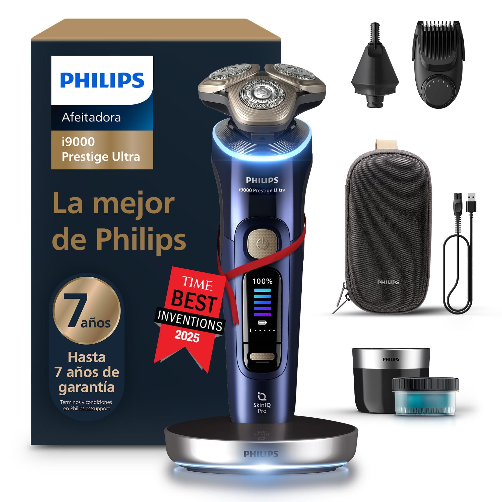 Philips i9000 Prestige Ultra, Afeitadora Eléctrica Hombre, Máquina de Afeitar Barba Seco y Mojado, SkinIQ Pro, Base de Carga, Recargable, Estuche, Centro de limpieza, Recortador, Naricero, XP9401/38