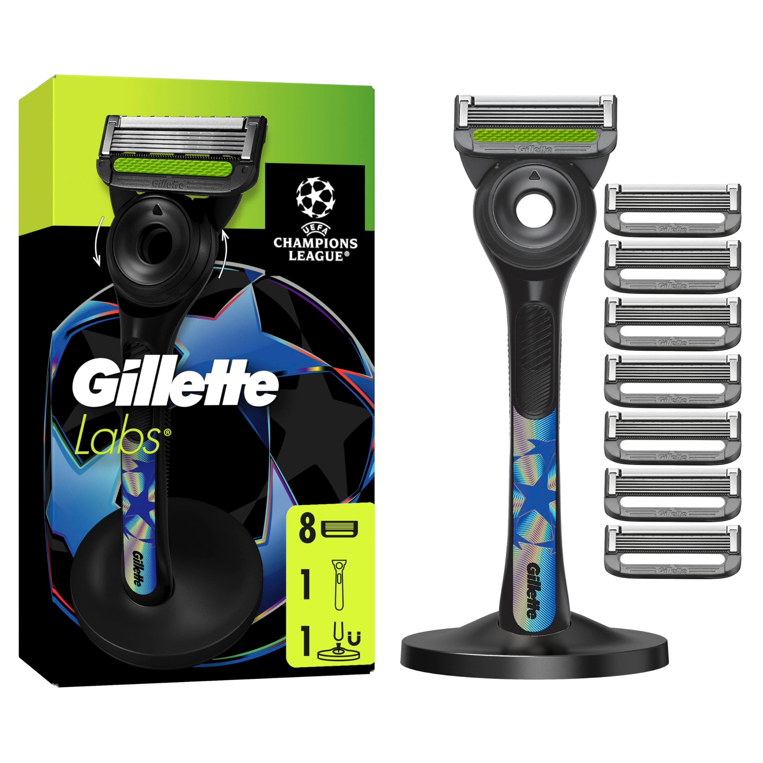 GilletteLabs UEFA Champions League Special Edition Maquinilla De Afeitar Para Hombre Con Barra Exfoliante, 1 Mango + 8 Cuchillas De Recambio, Incluye Soporte Magnético Prémium