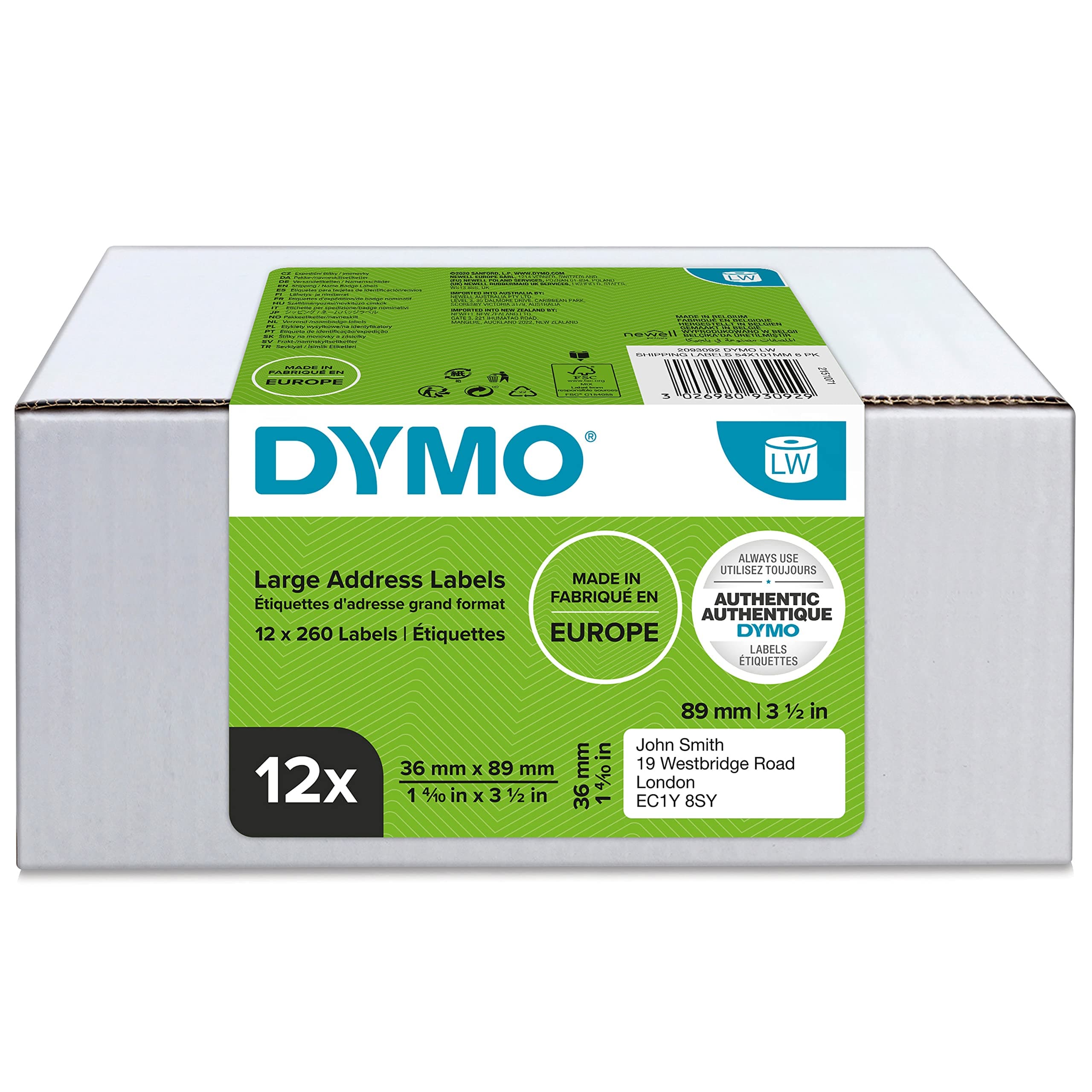 DYMO LW etichette originali per indirizzi grandi | 36x89 mm | 12 rotoli da 130 etichette facili da staccare (1.560 pezzi) | autoadesive | per etichettatrici LabelWriter