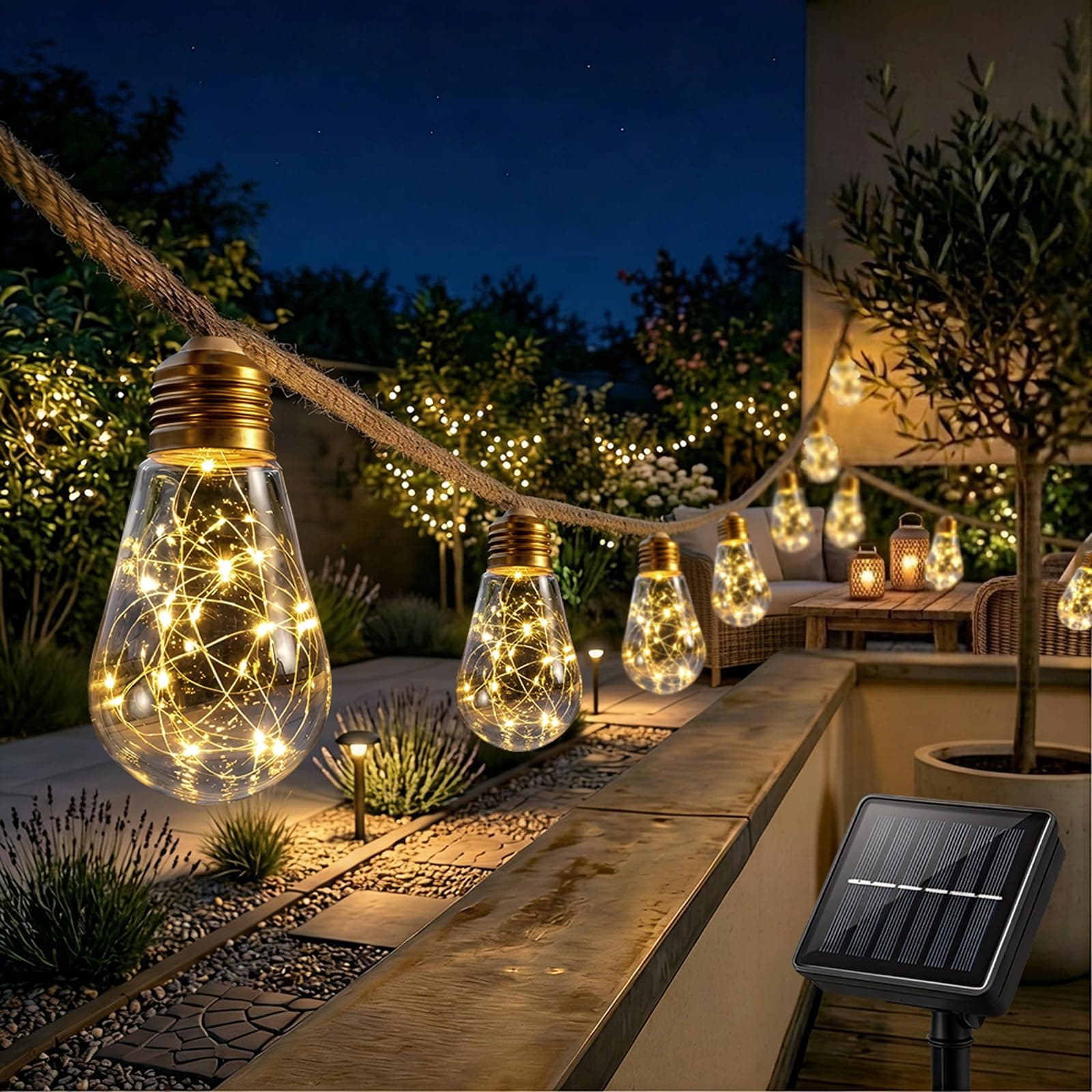 Cnulenzt Luces solares jardin, 16 Bombillas 8M/8 Modos bombillas solares, IP65 Impermeables Guirnaldas Luces Exterior para Jardín, Balcón, Terraza, Fiesta (Blanco Cálido)