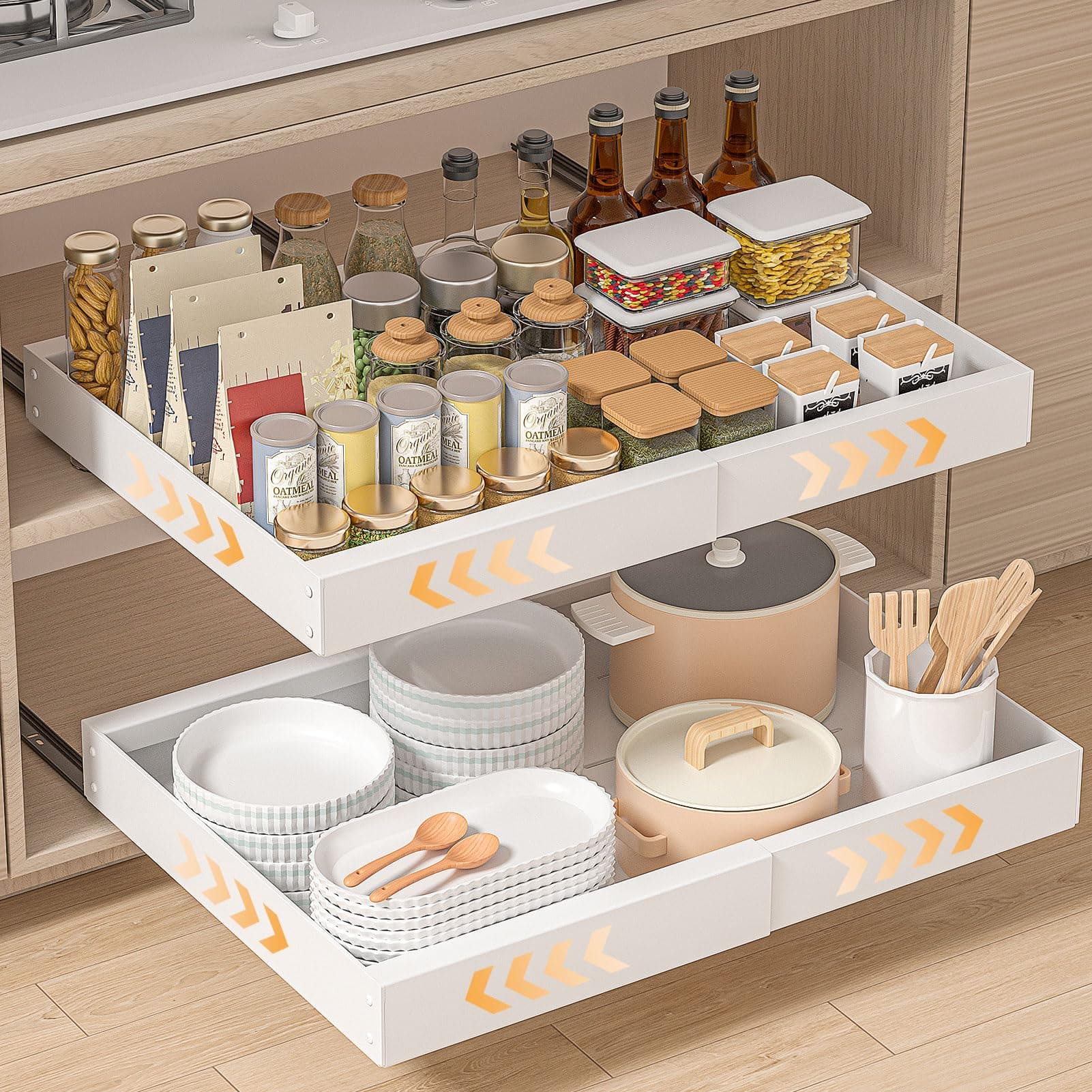PNNP Cajones Extraibles para Cocina 2 piezas: 52 cm de profundidad Bandeja Armario Telescópico Adhesivos - Organizador Armario de Ancho Ajustable (32-53cm) - Sin Taladrar | Blanco