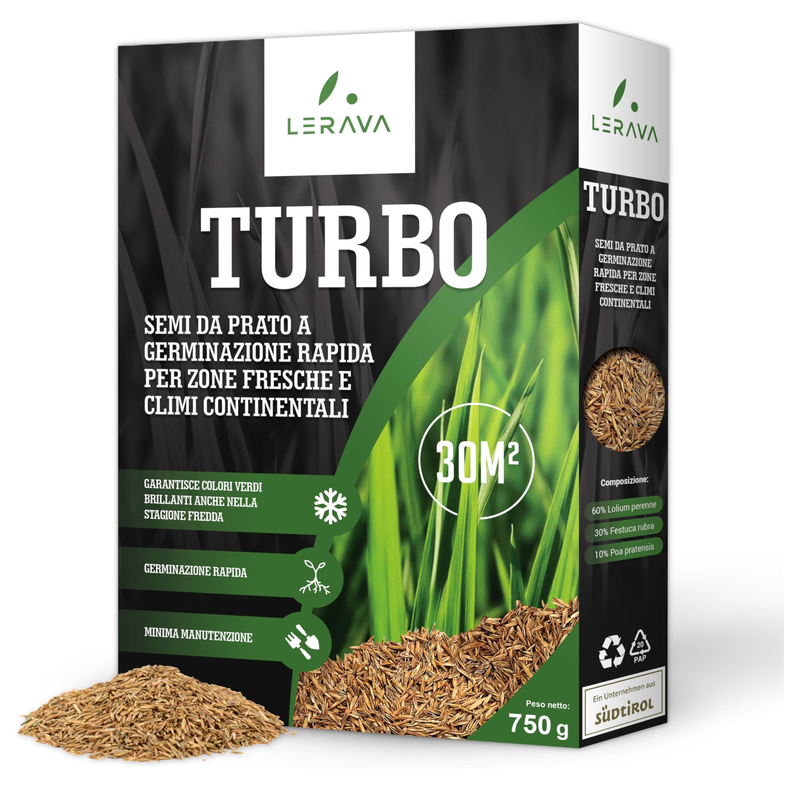 LERAVA TURBO Semi Loietto Perenne (30 m²) - Semi prato a Crescita Rapida - Fine Tessitura - Sementi per Prato Resistente e Denso - Erba da Giardino Verde Brillante - Ideale per Sole e Ombra