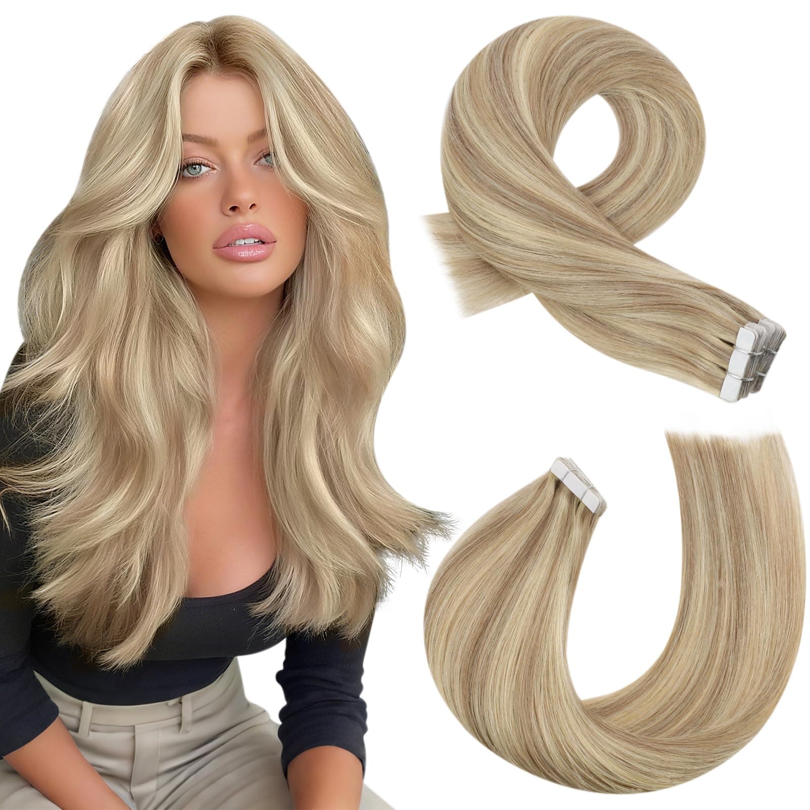 Moresoo Extension Cheveux Naturel Adhesif Blond Miel Avec des Highlights de Blond Moyen 20pcs 50g 60cm Extensions Adhesives Cheveux Naturels L'utiliser Lors d'un Rendez-vous Galant #16/22