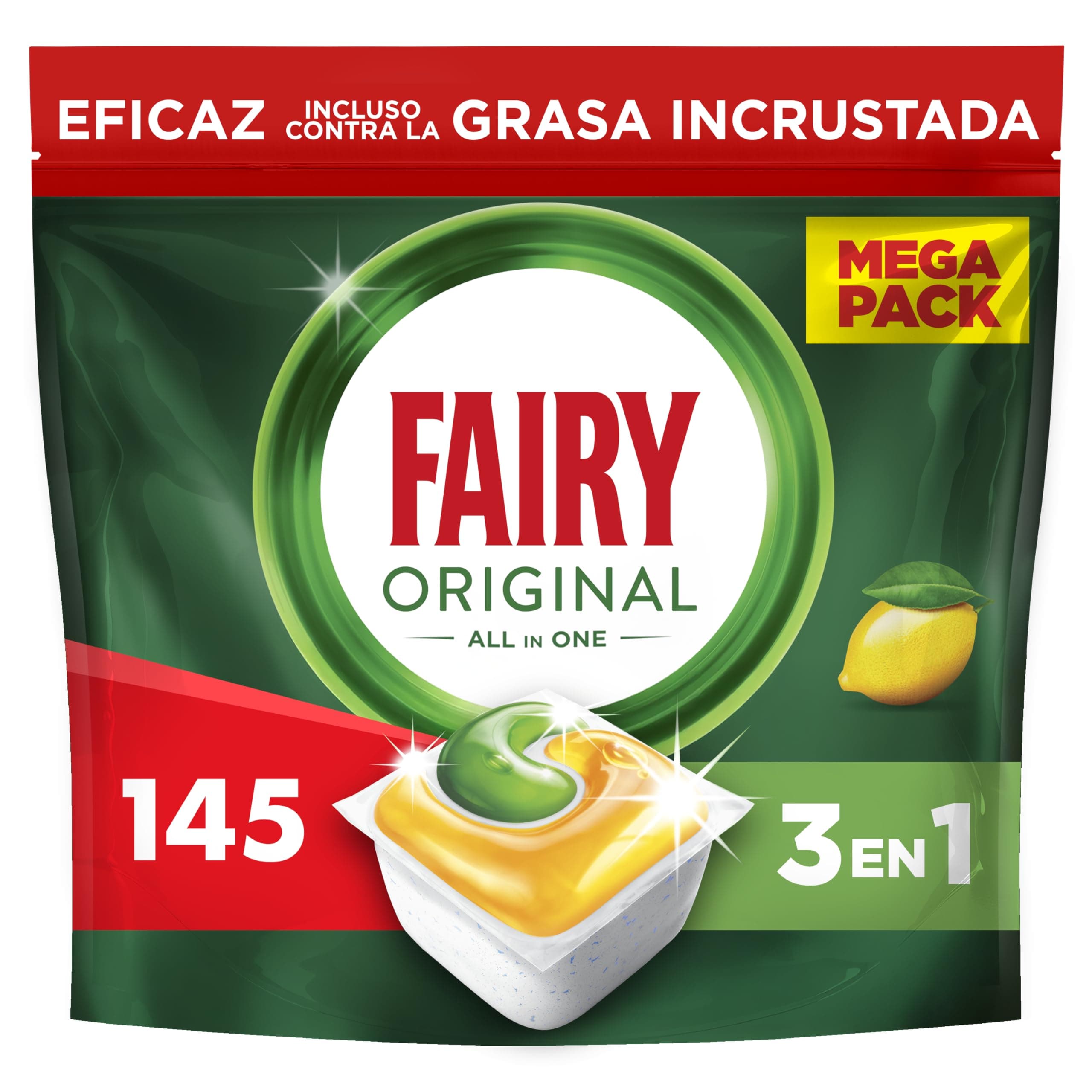 Fairy Original Todo En Uno Cápsulas De Lavavajillas, Limón, 5 x 29 Cápsulas, Efectivas Incluso En La Grasa Reseca, El paquete puede variar