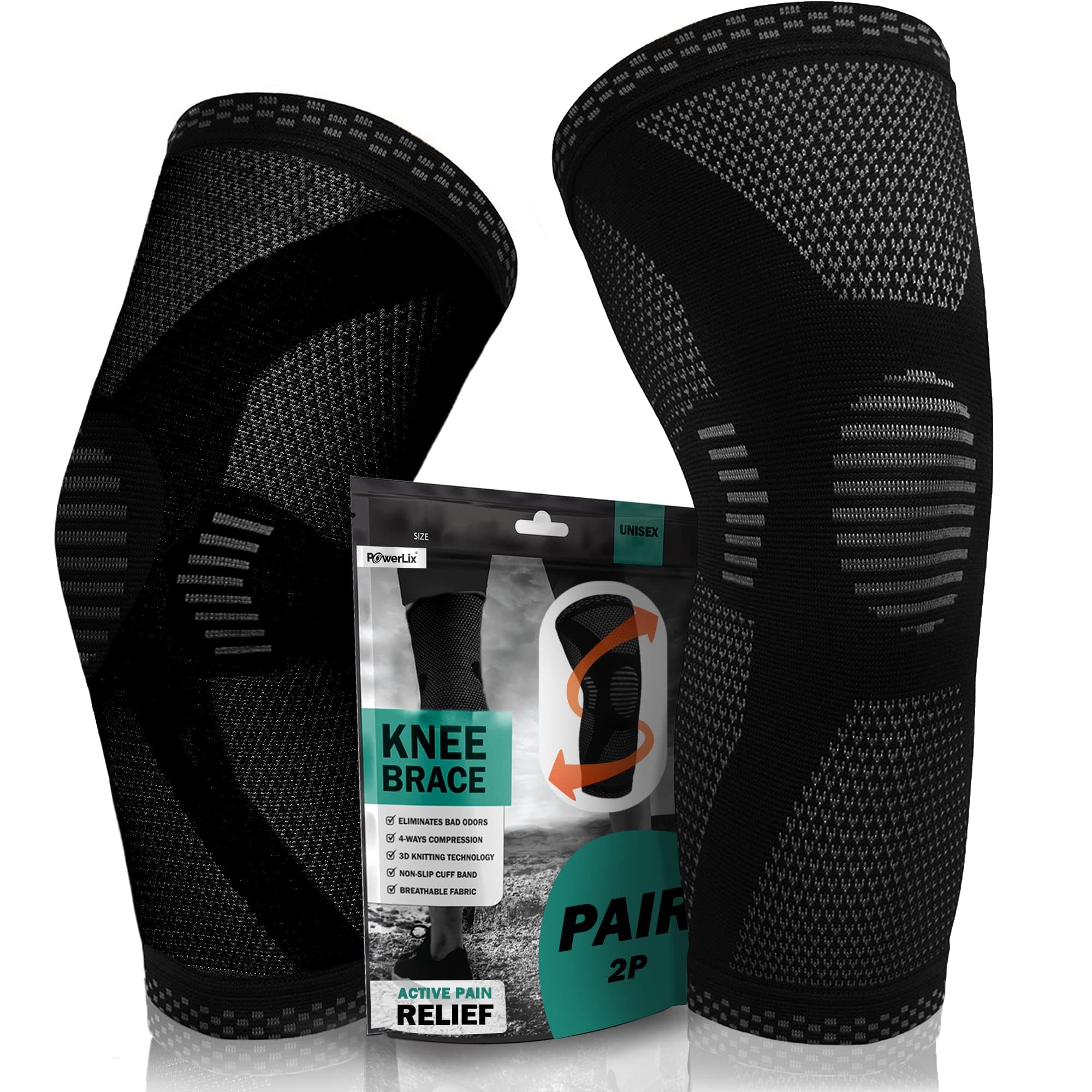 POWERLIX rodillera para mujeres y hombres (1 par), rodillera de compresión para artritis, dolor articular, lesión de ligamentos, desgarro de menisco, tendinitis, correr, Negro, XL