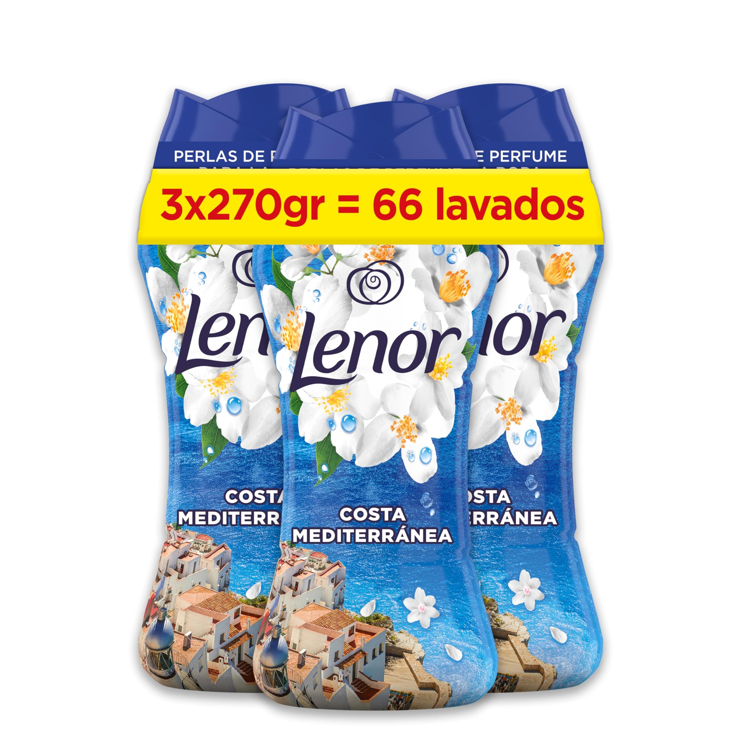 Lenor Perlas De Perfume para la Ropa, 66 Lavados (3 x 270g), Brisa Marina Y Jazmín, Edición Limitada Costa Mediterránea, Frescor Ininterrumpido Hasta 12 Semanas
