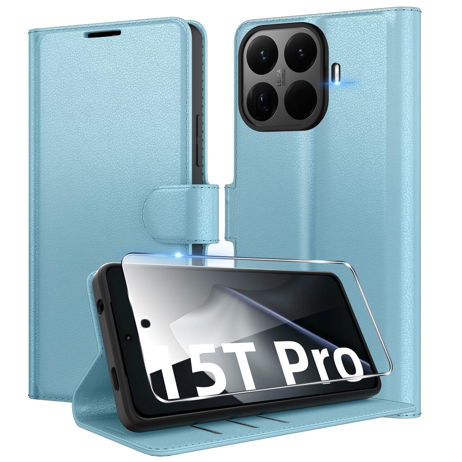 Eirltiy Coque pour Xiaomi 15T Pro en Premium Cuir PU, Portefeuille Housse Etui pour Cartes Protection Anti-Choc Flip Case avec 1 Verre Trempé Bleu