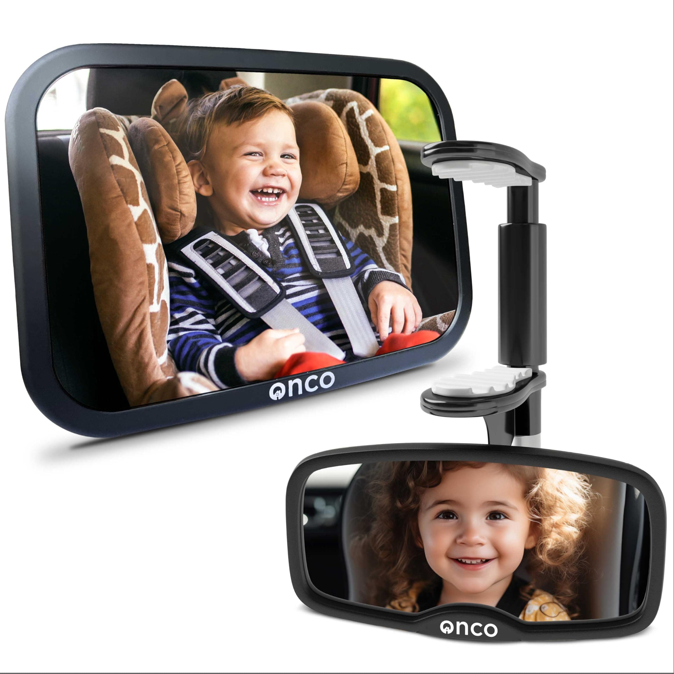 Onco Set Specchietti Auto Bebè – Specchio Rivolto all’Indietro e in Avanti, 100% Infrangibili & Anti-Vibrazione, Visione Ampia con Rotazione 360°, Accessori Viaggio Neonato