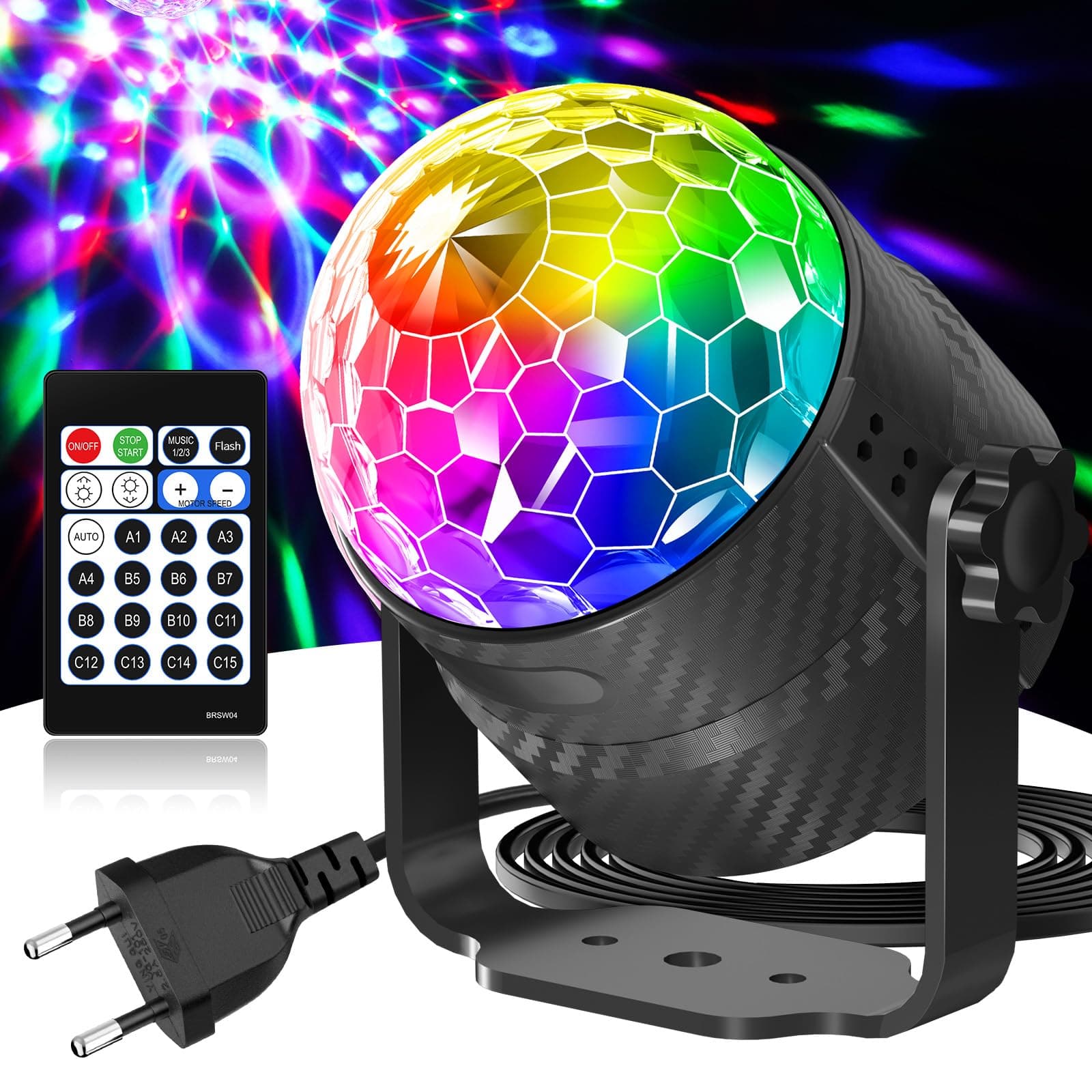 Gobikey Luces discoteca, bola discoteca con rotación de 360°, control de música, control remoto y un cable de alimentación de 2M, 15 RGBP efectos de luz