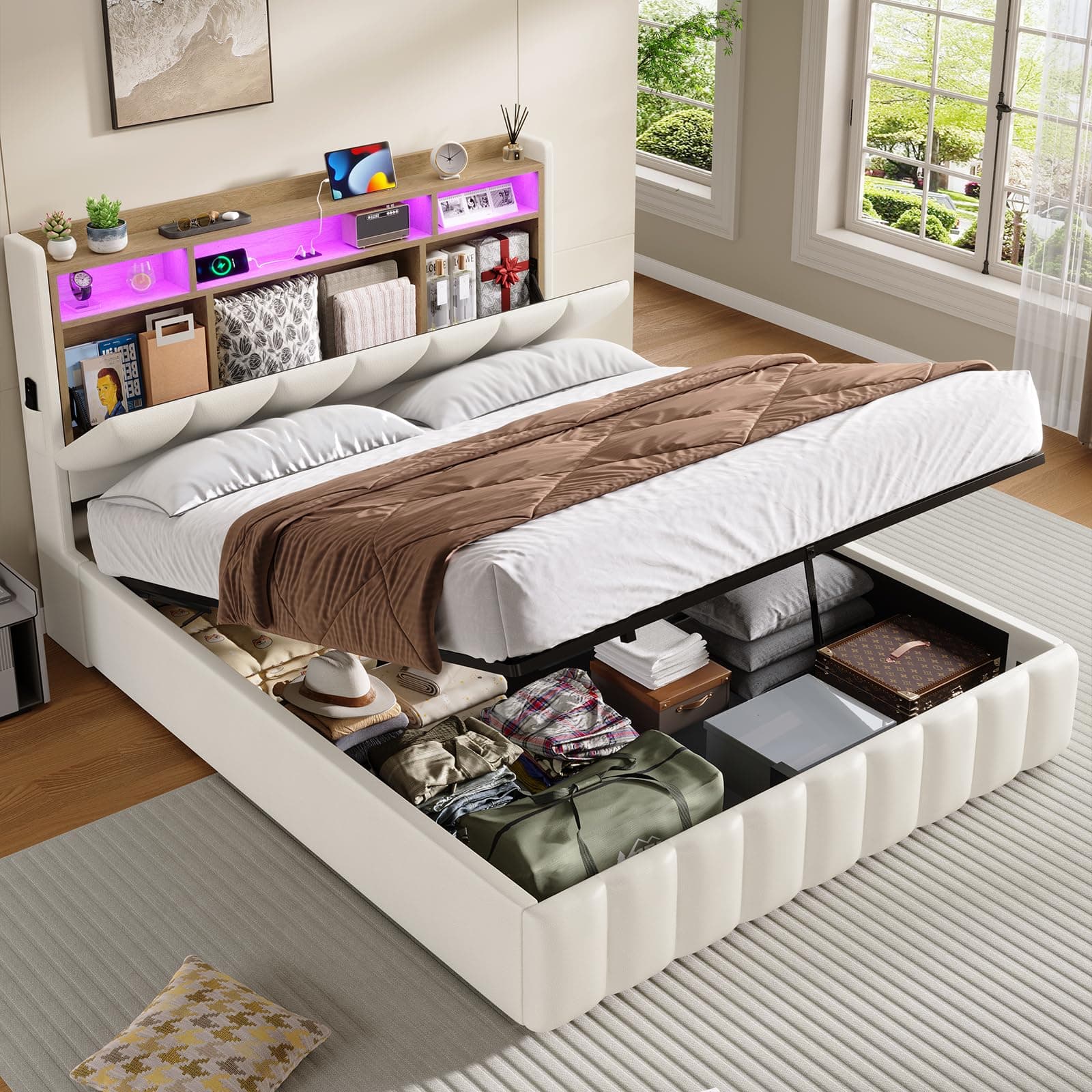 KIMENICH Lit Coffre 140 x 200 à LED, Lits Hydraulique avec Étagères Ouvertes et Rangement Caché en Tête de Lits Capitonné, Lit 2 Personnes avec Lattes en Bois, lit 140 x 200 avec Sommier en PU Blanc