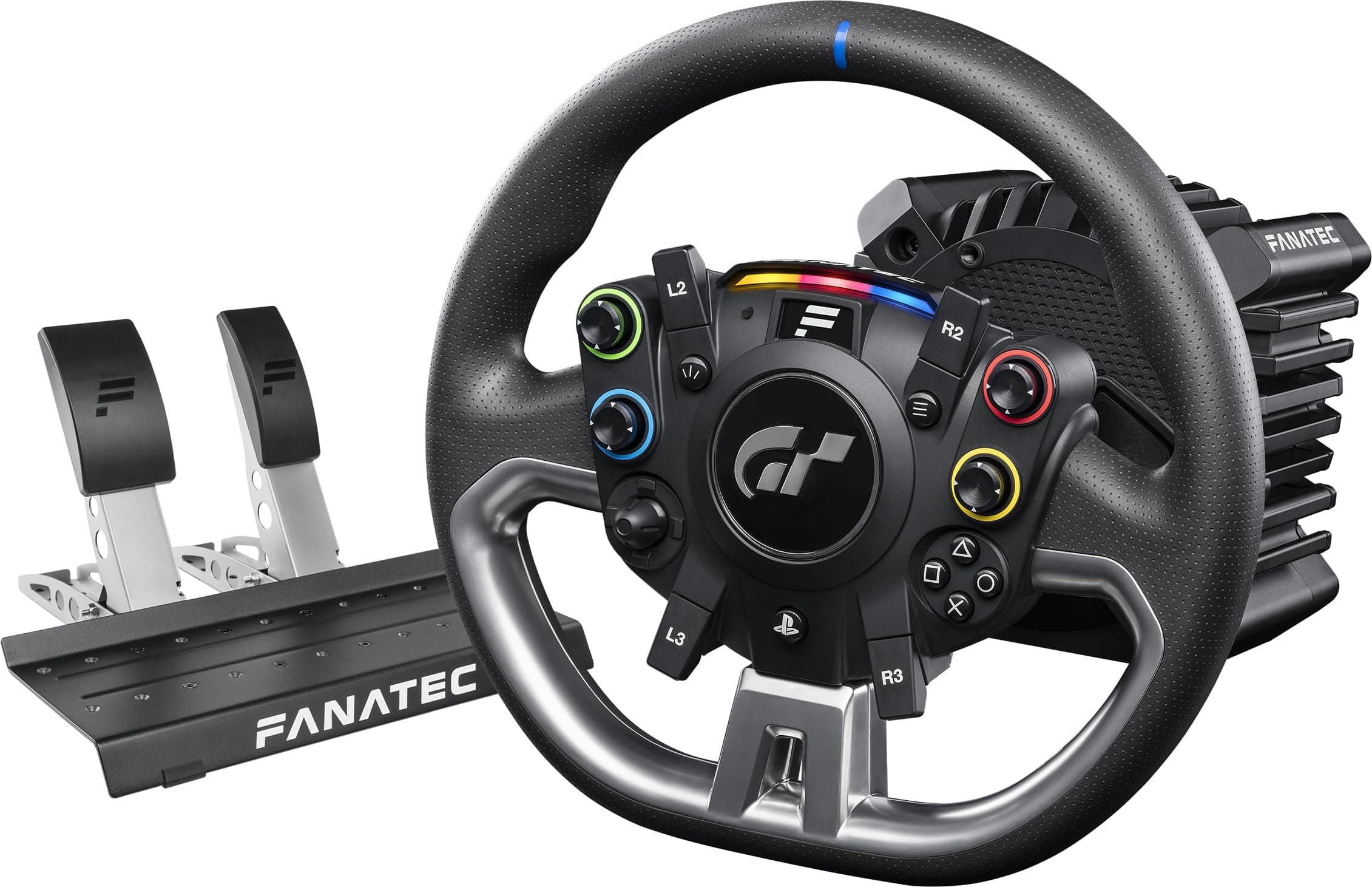 FANATEC Volante, Base e Pedali con Licenza Ufficiale Gran Turismo DD Pro PlayStation® Sim Racing – Volante Polyphony Digital, 5 Nm FluxBarrier Direct Drive, Set di 2 Pedali per PC, PS5, PS4