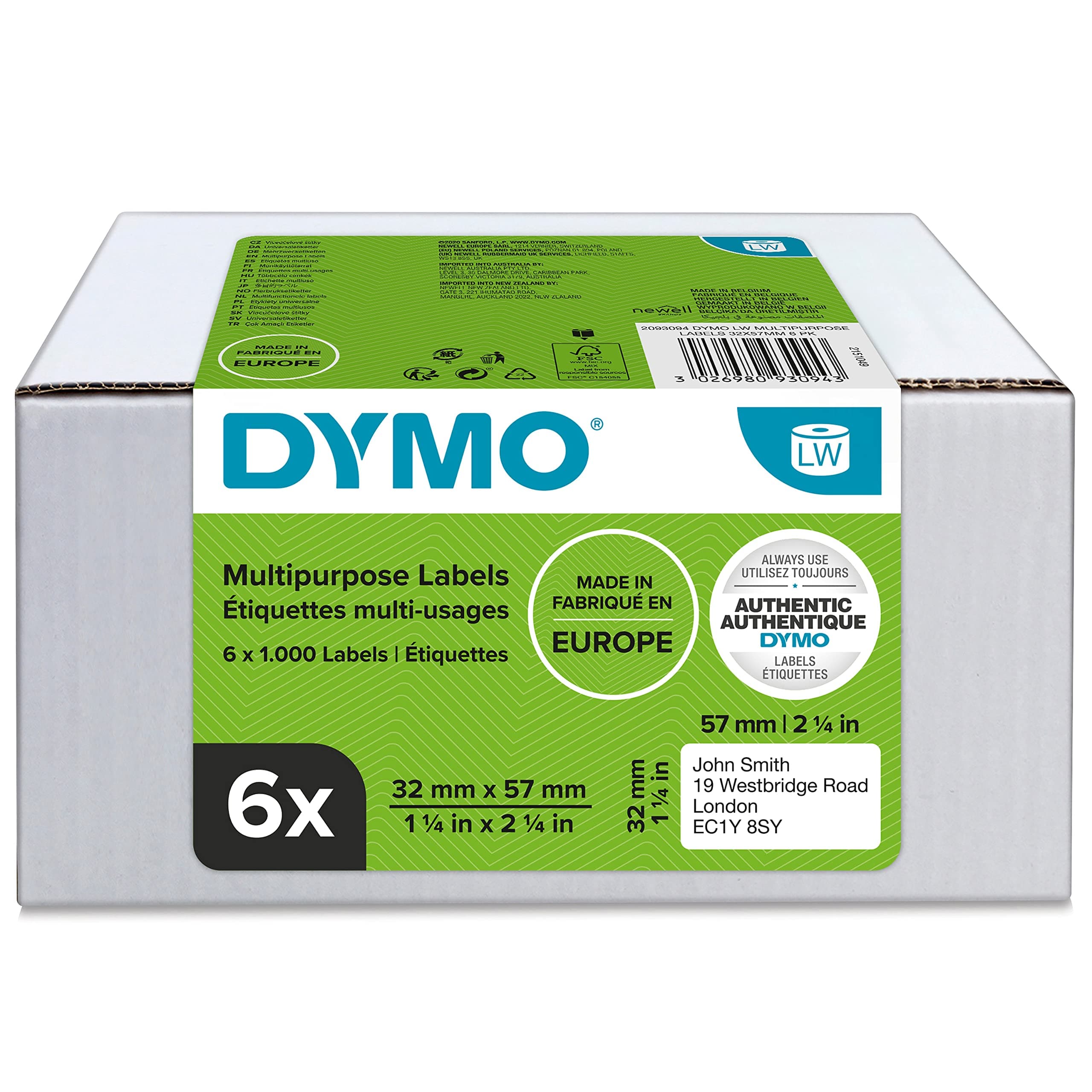 DYMO LW etichette originali multiuso | 32x57 mm | 6 rotoli da 1.000 etichette facili da staccare (6.000 pezzi) | autoadesive | per etichettatrici LabelWriter
