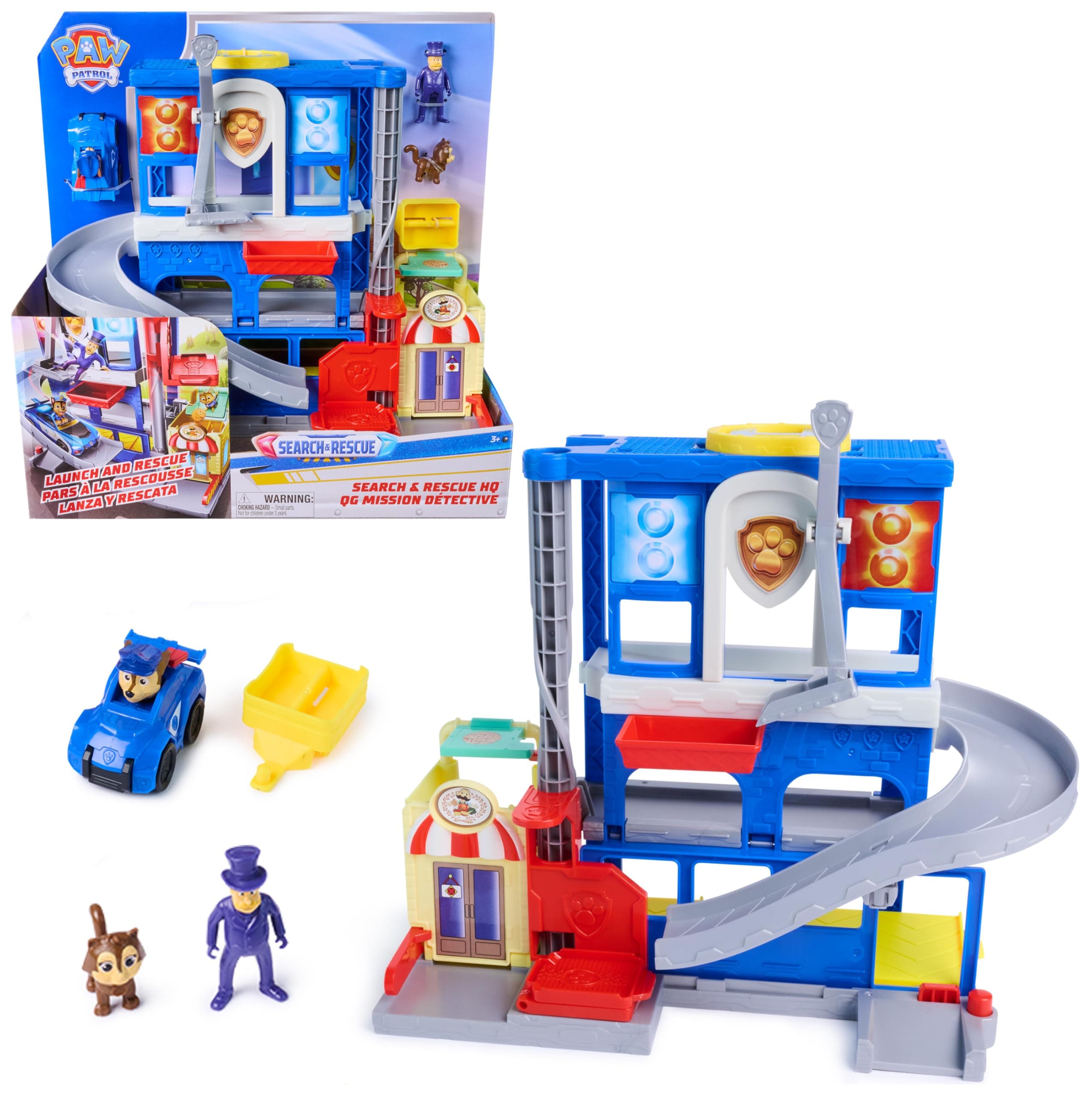 PAW PATROL - Search & Rescue: Pup Squad Hauptquartier Spielset mit Chase Racer, Bürgermeister Besserwisser & Kitty Figur, Spielset für Kinder ab 3 Jahren