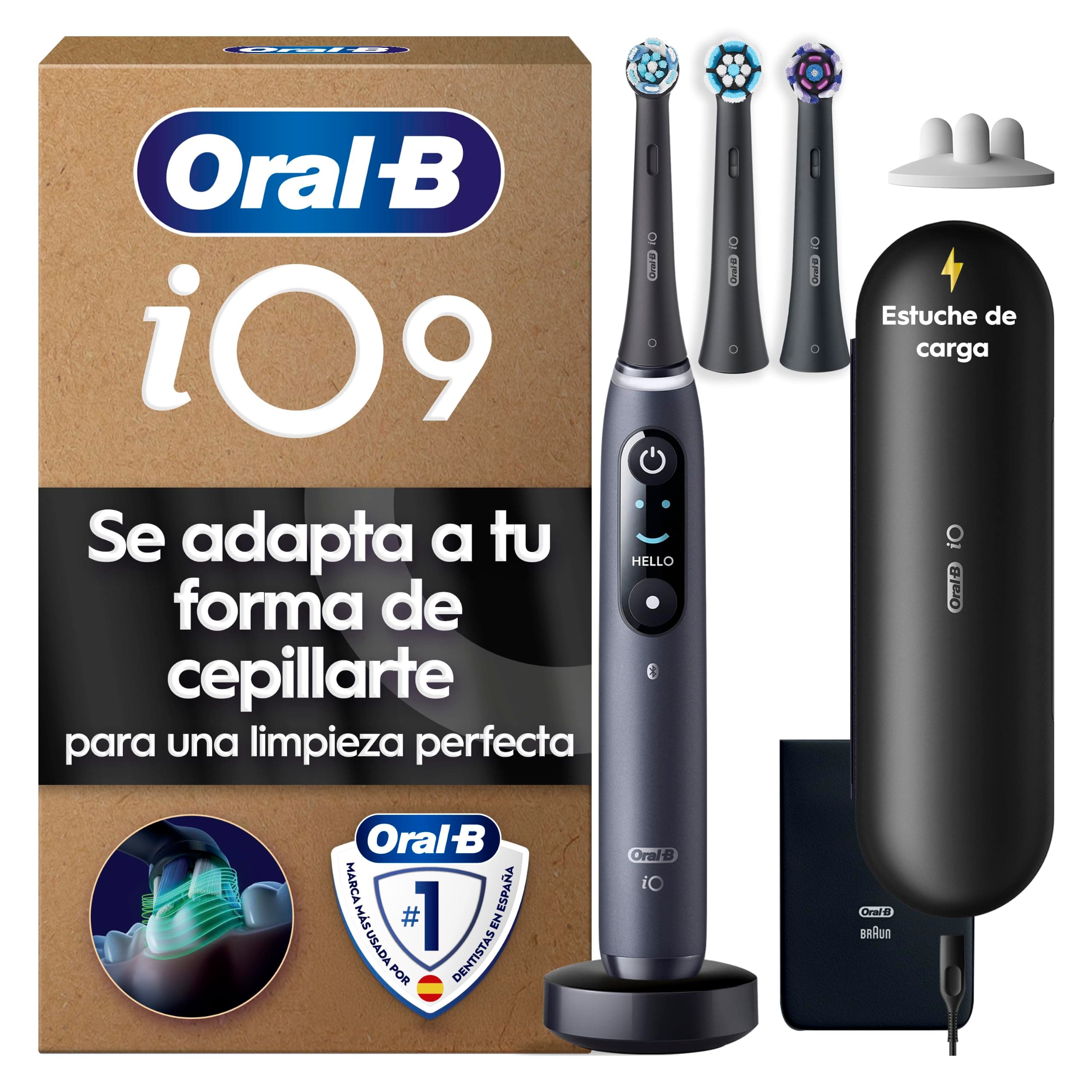 Oral-B iO 9 Cepillo de Dientes Eléctrico con 3 Cabezales, Negro | Cepillo Dental con 7 Modos de Cepillado Y Sensor de Presión, Carga Rápida, Estuche Cargador de Viaje, Seguimiento con App