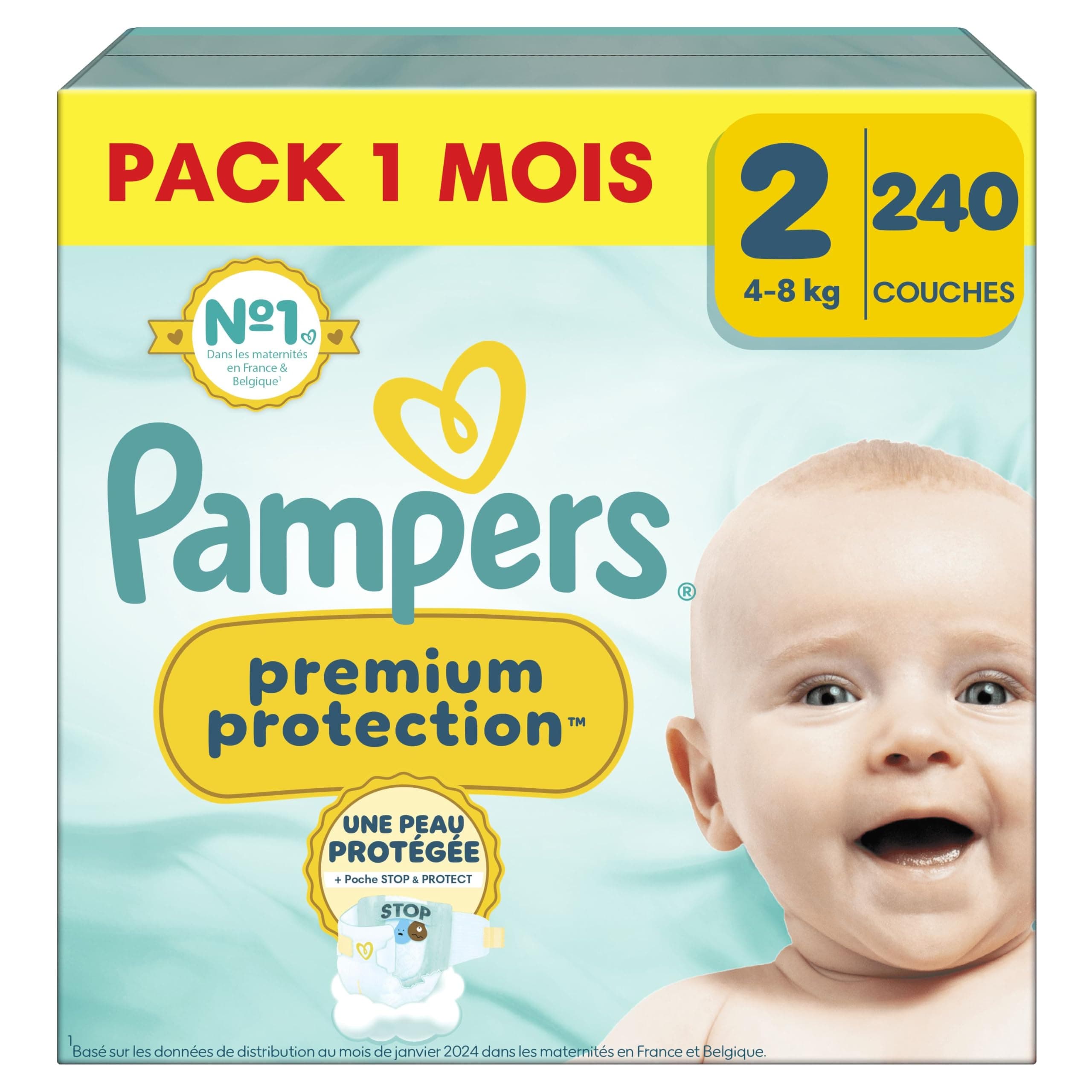 Pampers Premium Protection, Taille 2, 240 Couches, 4-8kg, Double Protection pour la peau et contre les fuites Avec Poche Stop & Protect pour aider à capturer les Fuites, Pack 1 Mois