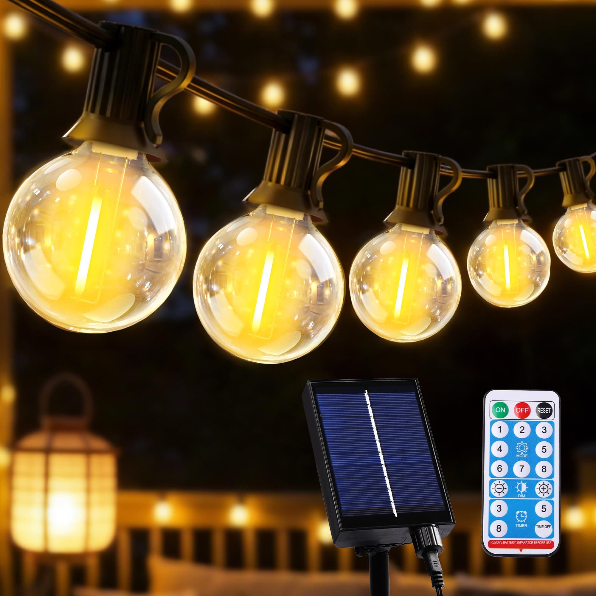 Guirlande Lumineuse Exterieure Solaire LED, 10M Guirlande Solaire Exterieur avec Télécommande 15+1 G40 Ampoules, 8 Modes Étanche IP44 Guirlande Guinguette Extérieur pour Jardin Terrasse Mariage Fête