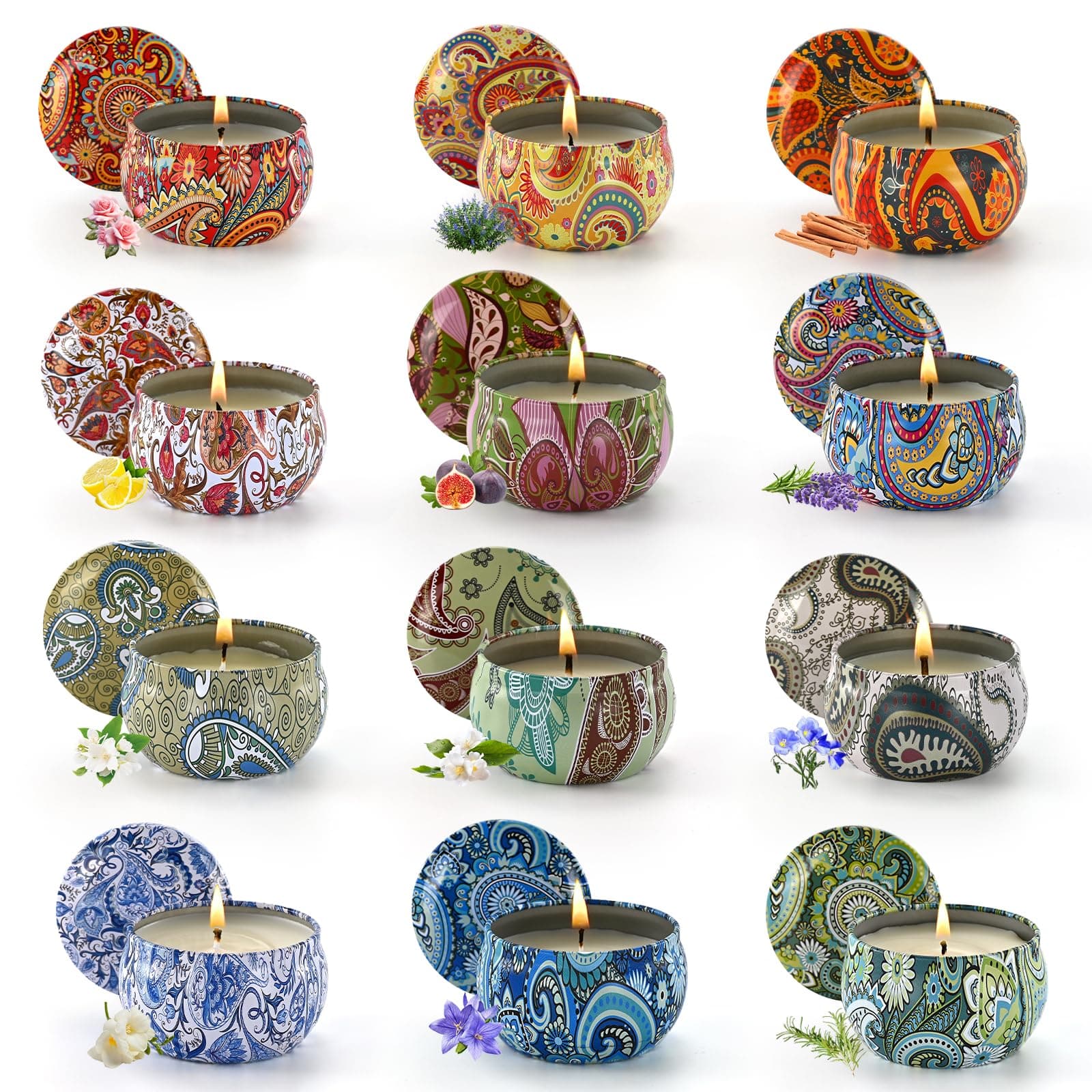 Obisesio Set Candele Profumate in Latta Decorativa - 12 Candele in Cera Naturale, Aromaterapia Relax, Scatole Colorate Riutilizzabili, Regalo Donna, Bomboniere Compleanno, Oggetti Decorativi Casa