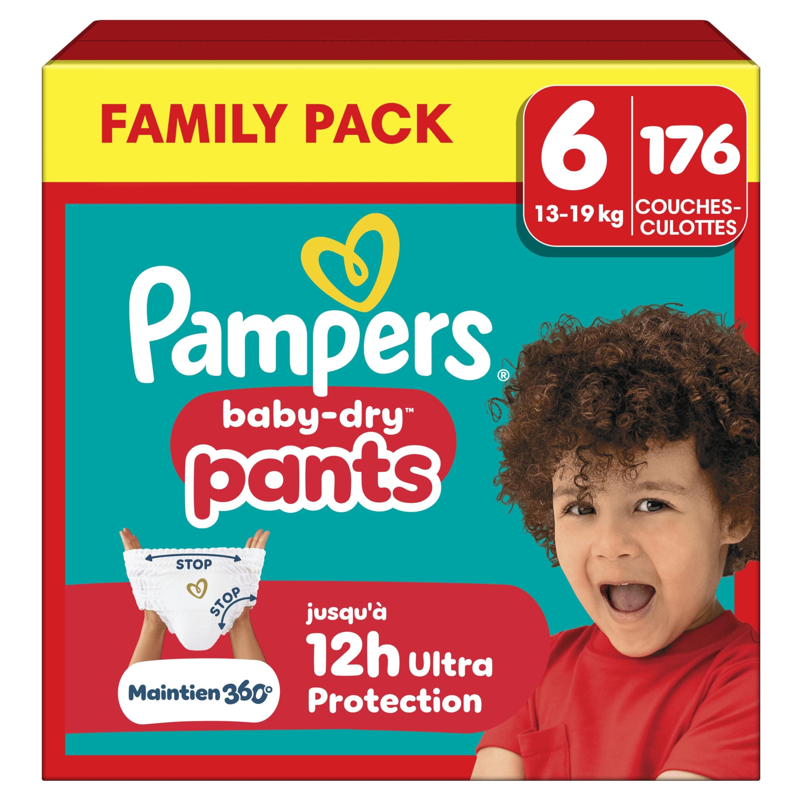 Pampers Baby-Dry Pants Taille 6, 176 Couches-Culottes, 13kg-19kg, Protection 360° contre les fuites jour et nuit, Family Pack