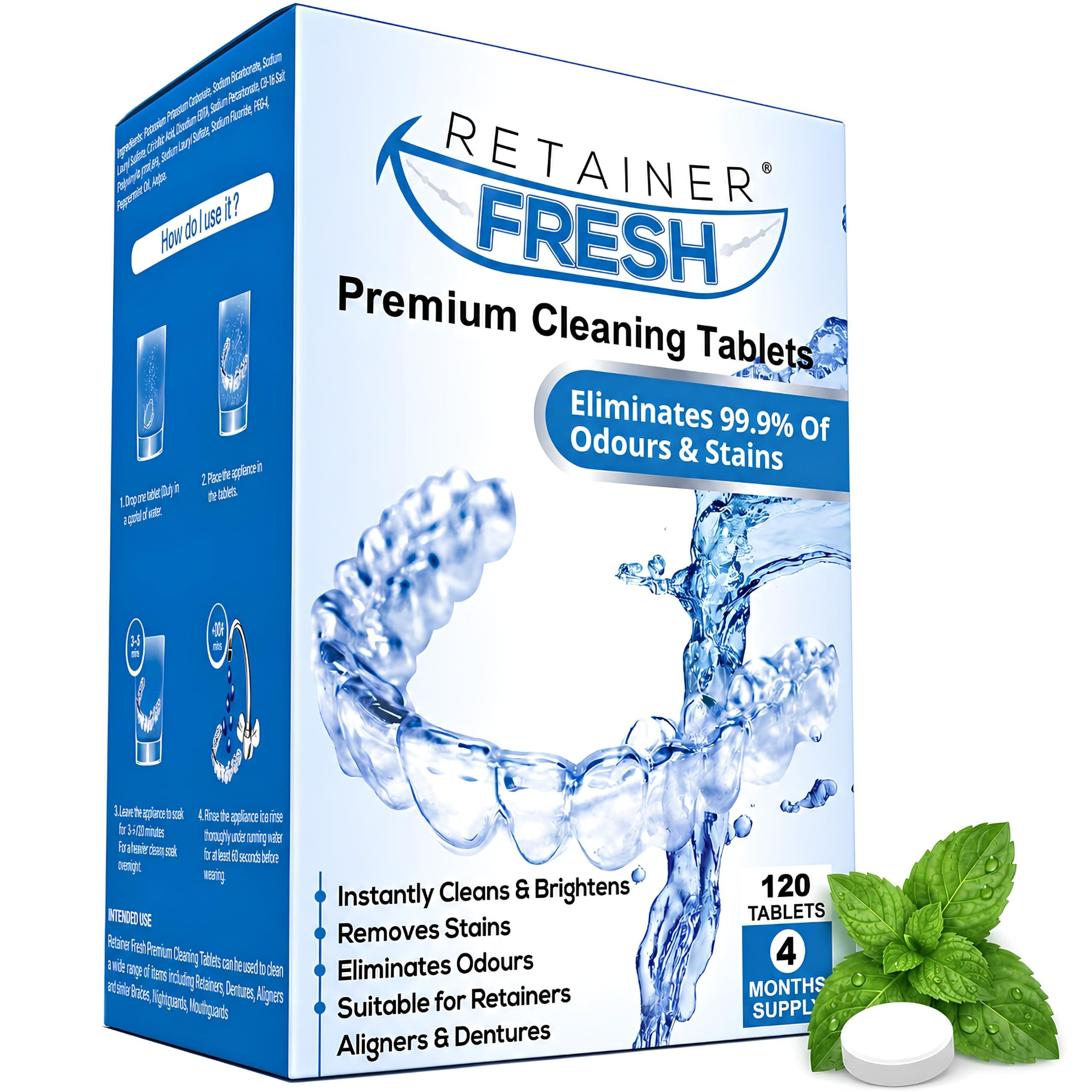 Retainer Fresh Compresse detergenti per apparecchio ortodontico, 120 | Pulisce anche paradenti, protesi dentarie e allineatori trasparenti. Rimuove placca, odori e macchie.