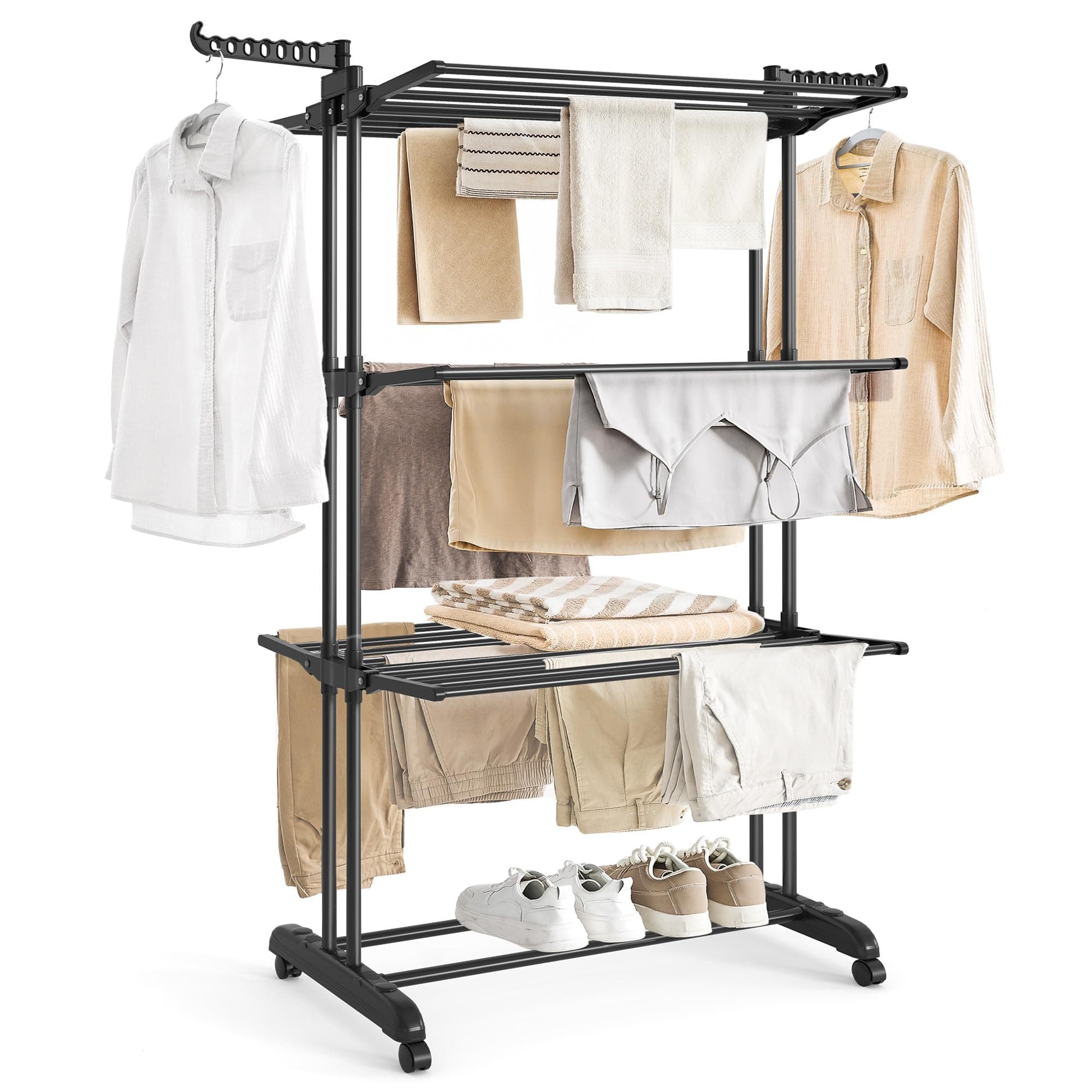 SONGMICS Tendedero Plegable de 4 Niveles, con Ruedas, Alas Plegables, 63,5 x 128 x 173 cm, Gran Capacidad, Montaje Fácil, Uso Interior y Exterior, Negro Tinta LLR701B01