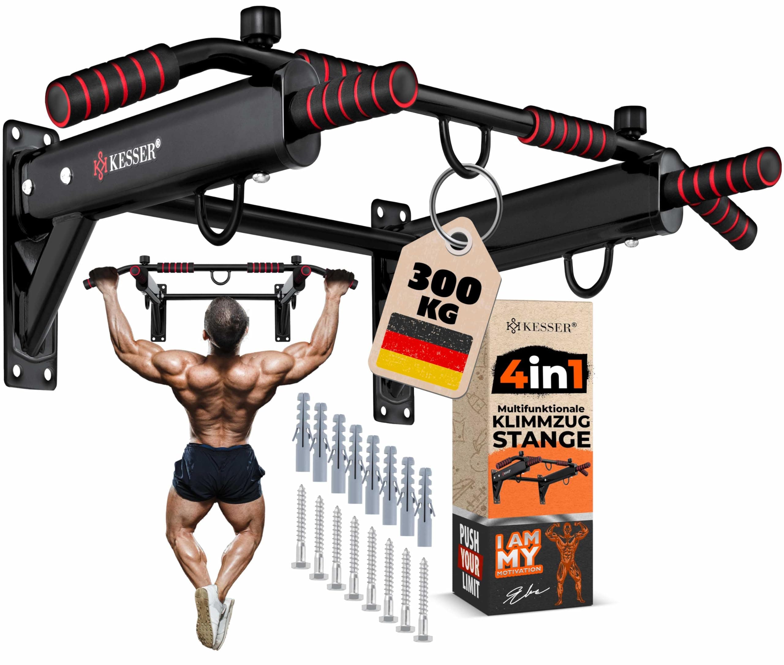 KESSER® Barre de Traction 4 en 1 pour Montage Mural, poignées antidérapantes, Fonction supplémentaire pour Cordes, Anneaux et Sacs de Frappe | sûr et Stable | Barre de Traction pour la Maison