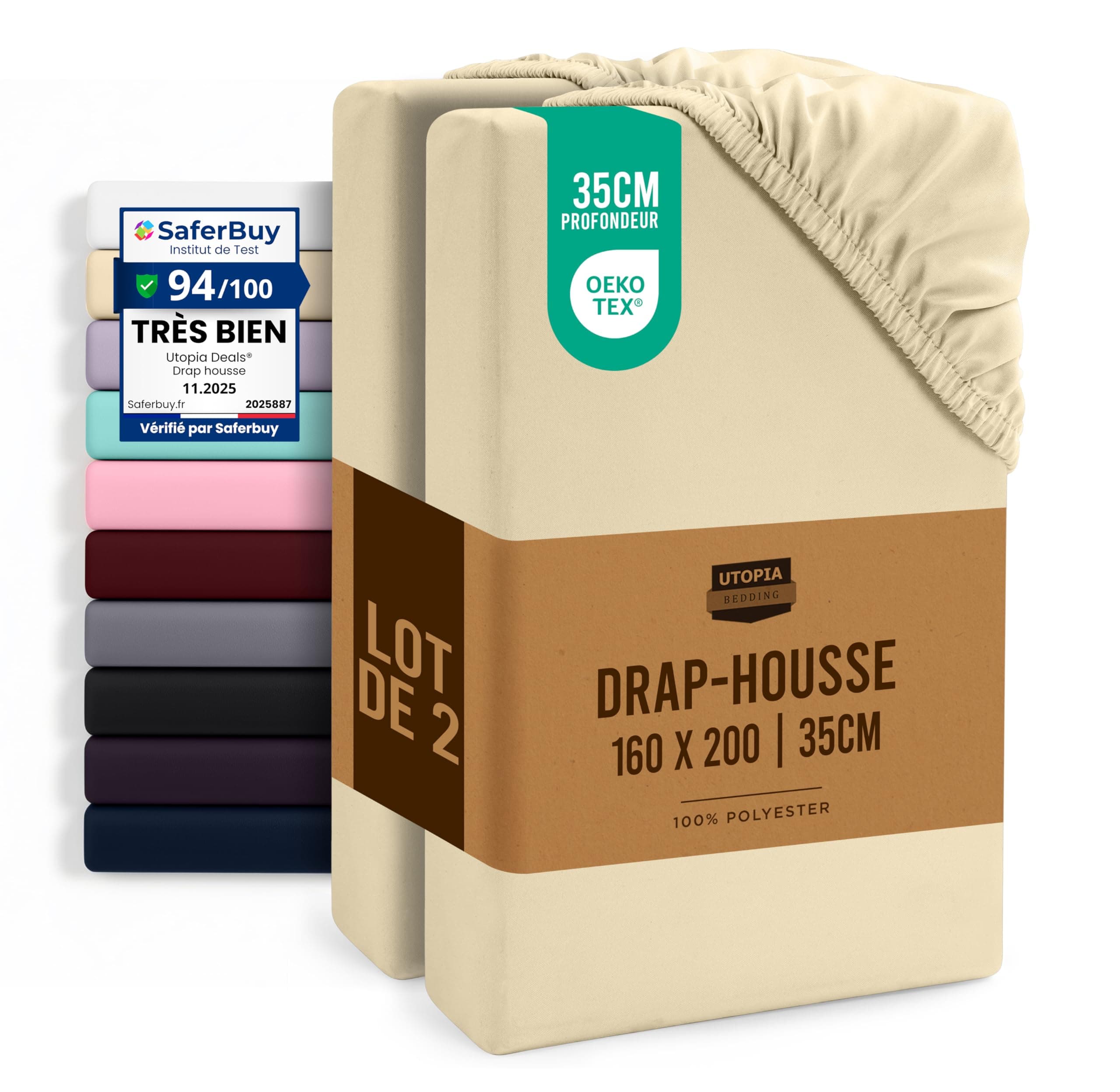 Utopia Bedding Lot de 2 Drap Housse - Beige, 160 x 200 cm - Coupes de 35 cm pour Matelas épais - Certifié Oeko-Tex - Polyester Microfibre brossée