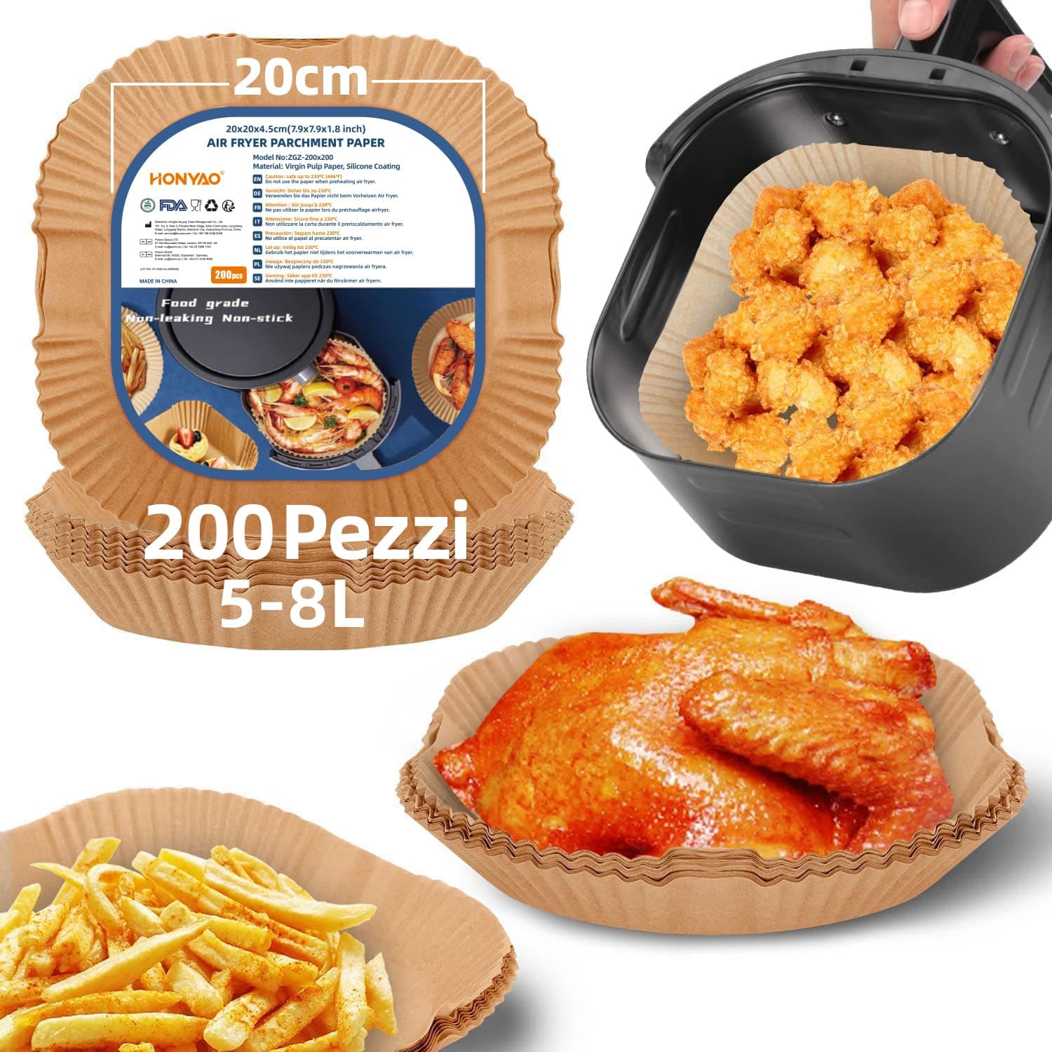 HONYAO 20x20 cm Fogli di Carta Forno per Friggitrice ad Aria XXL 5-8 L, 200 Pezzi Antiaderente Usa e Getta Carta Pergamena, Impermeabile Antiolio Accessori per Air Fryer - Quadrato