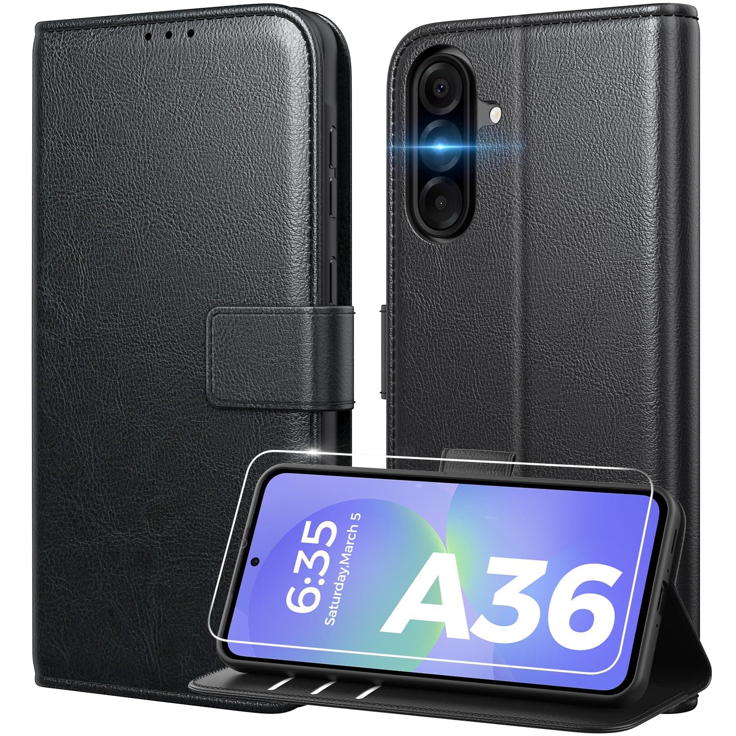 Peakally Handyhülle für Samsung Galaxy A36 5G Hülle [Mit 1 Stück Panzer Schutz Glas] [Premium PU Leder] [RFID-Blockierung] [Kartenfach] Klapphülle kompatibel mit Galaxy A36 5G / A36 4G - Schwarz