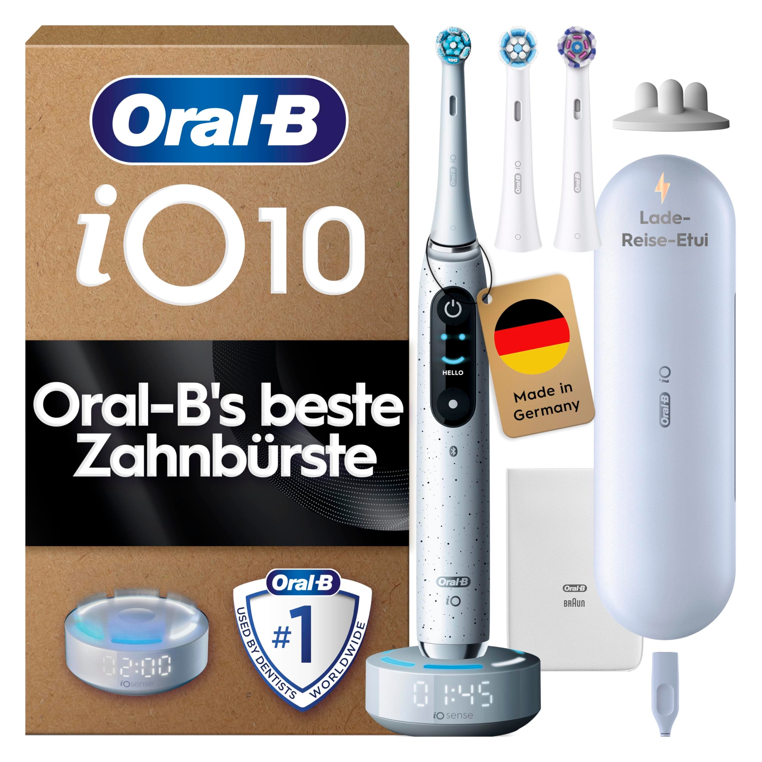 Oral-B iO Series 10 Elektrische Zahnbürste — Electric Toothbrush, Inkl. 3 Aufsteckbürsten, iOSensen, Lade-Reise-Etui — 7 Putzmodi für Zahnpflege, Zahnbürste Elektrisch, Designed by Braun, Weiß