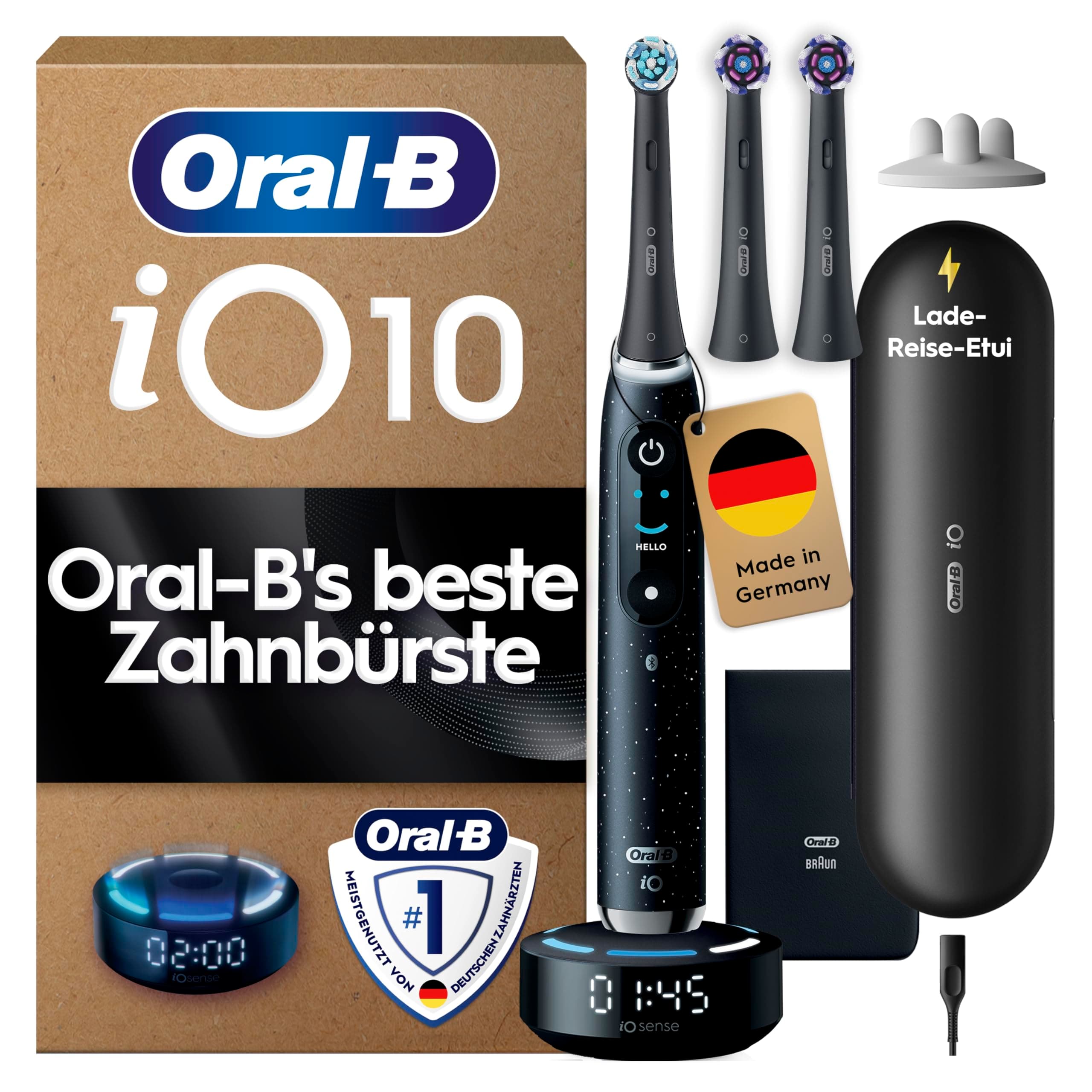 Oral-B iO Series 10 Elektrische Zahnbürste, Schwarz | Inkl. 3 Aufsteckbürsten, Lade-Reise-Etui, iOSense, Electric Toothbrush mit 7 Putzmodi für Zahnpflege